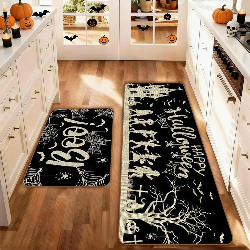 Set of 2Halloween Kitchen Rug Set, Washable Non-Slip Floor Mats, Home Decor Mat, Cat Skull Pumpkin Design, for Kitchen Laundry Hallway Decor