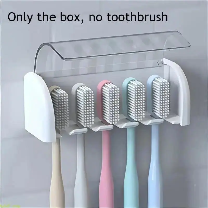 Trending 1 Pack Covered Toothbrush Wall Rack, Self Adhesive Drill-Free Dust Proof Toothbrush Organizer with 5 Slots, Waterproof Bathroom Storage Holder, Compact Space Saving Gadget for Shower Room Dorm Apartment Daily Washroom Use