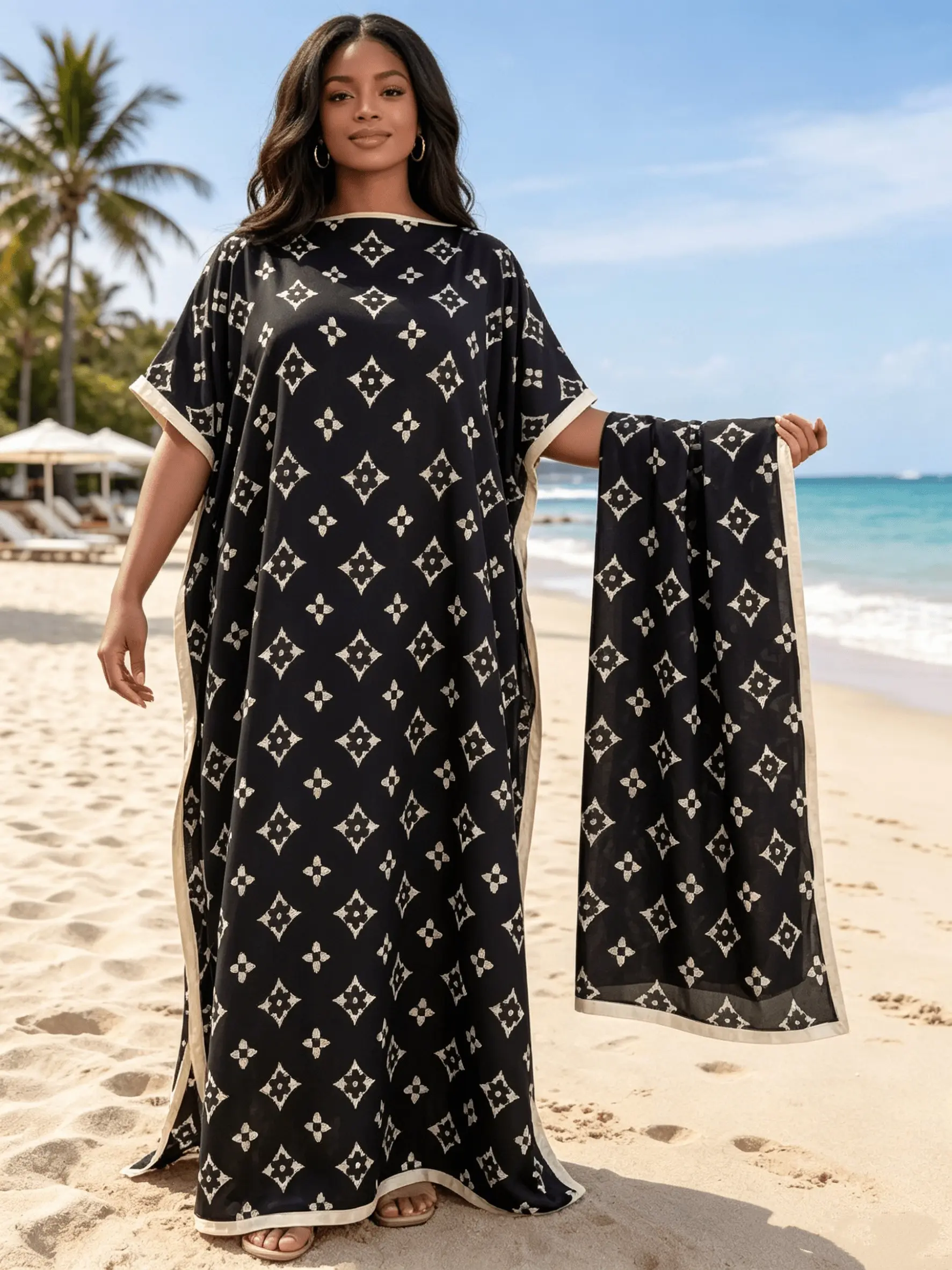 New Women's 2 Piece Black Base Cream Geometric Diamond Monogram Print Kaftan Maxi Dress with Matching Scarf, Silky Loose Satin Robe, Plus Size Friendly, Summer Beach Cover Up, Casual Beach Dress, Resort Vacation & Evening Party Wear