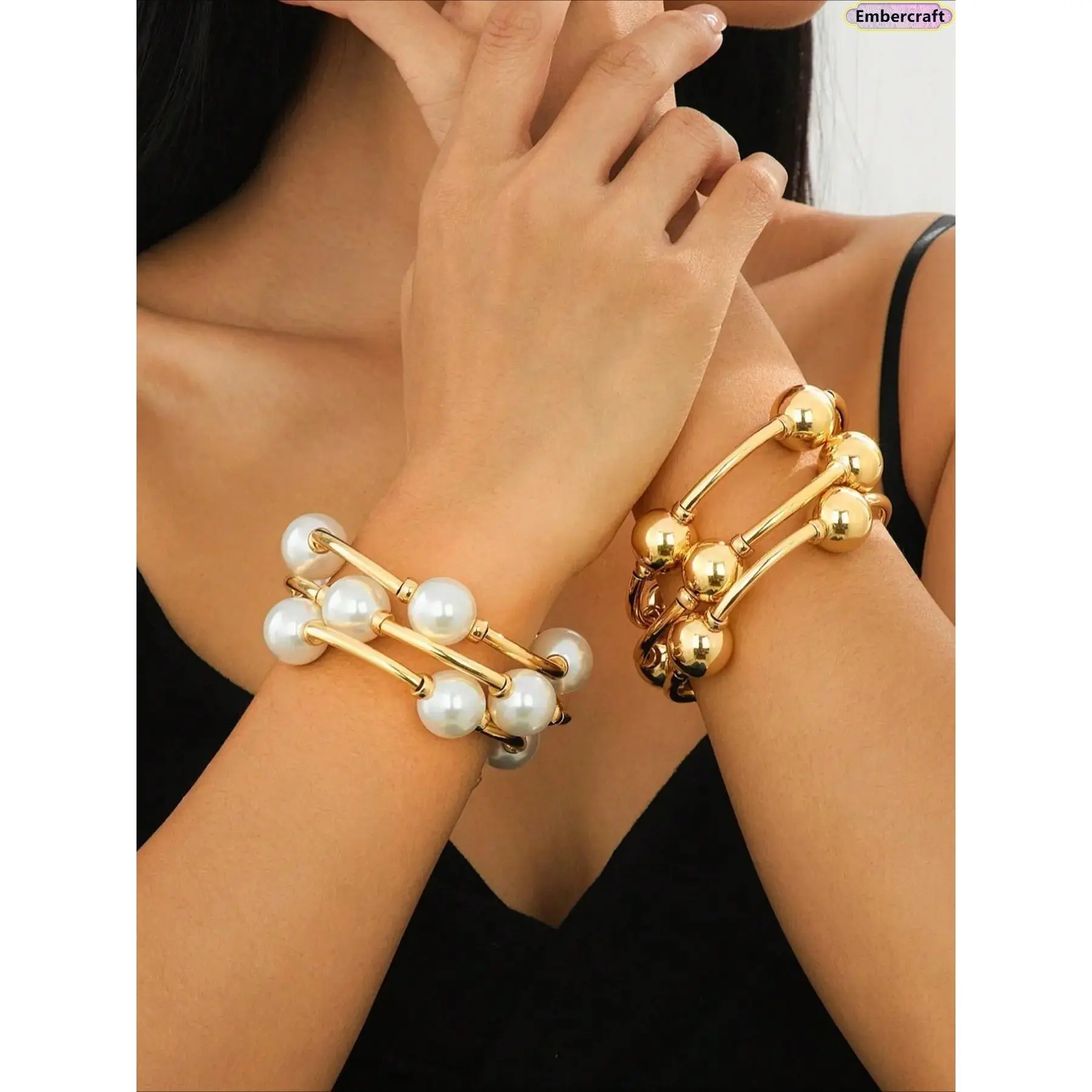 Chunky Gold, Silver & Beaded Pearl Bracelet Set for Women, 3-Piece Stackable Fashionable Bangles for Date Nights & Beach Vacations, Chunky Design, Multilayered Bangles, Golden Tone Bracelet, Beaded Pearl Bracelets & Bangles