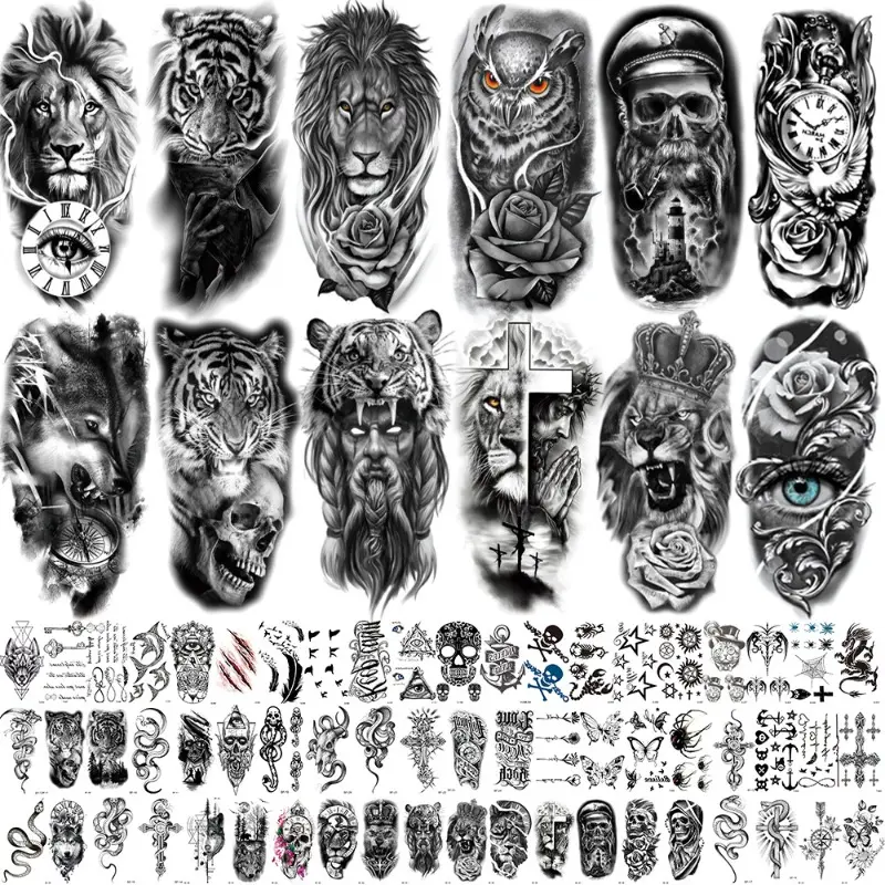 Stylish half-sleeve temporary tattoo set with animal, skull and flower prints. Waterproof and long-lasting, realistic effect for men and women, perfect alternative to permanent tattoos Fake Tattoos