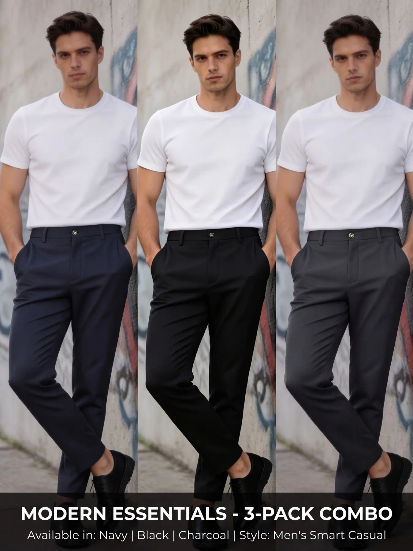 Three Casual Business Pants, High Elastic Smooth Quick-Dry Fabric, Natural Waist, All Seasons, Plain Design