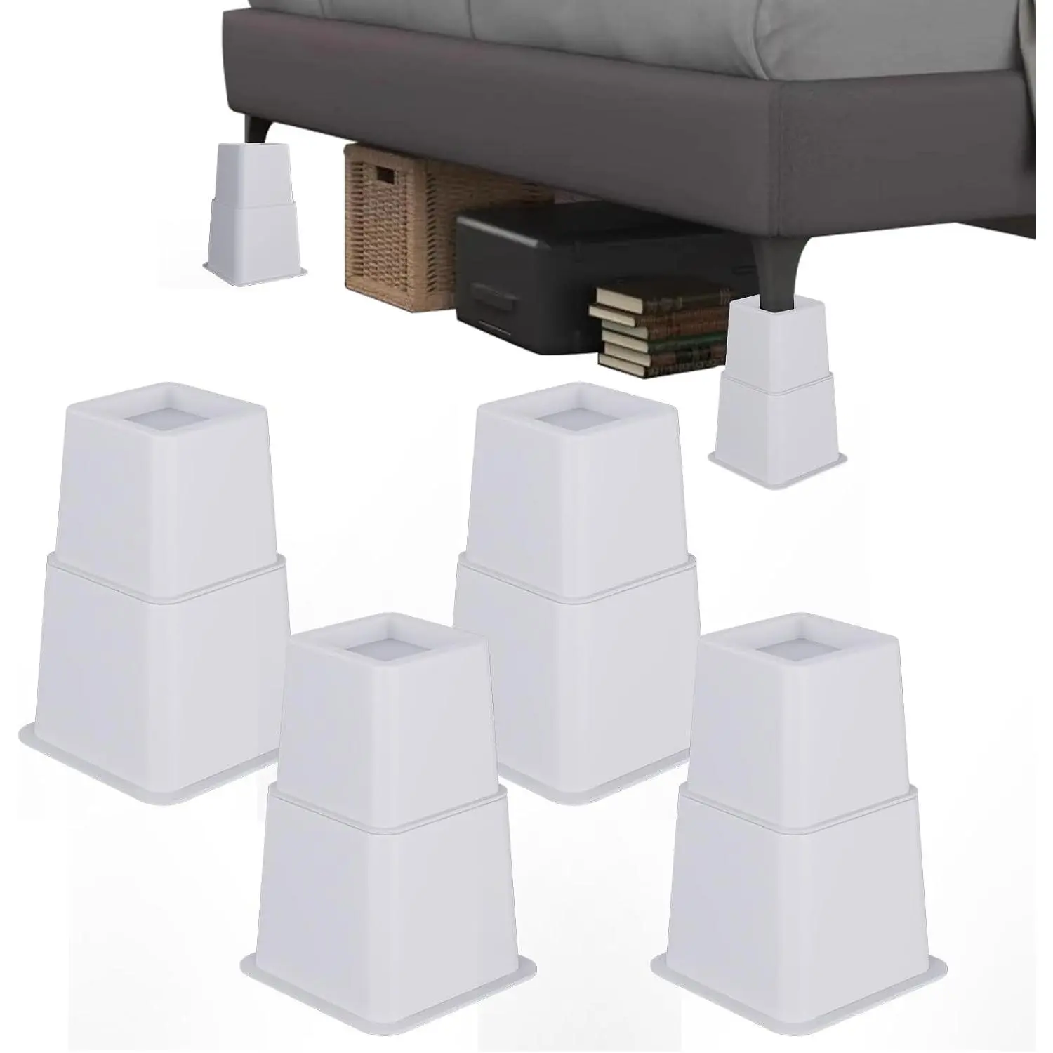 Heavy Duty 8 inch Bed Risers-Set of 4 Adjustable Furniture Risers, Elevation Heights of 3, 5 & 8 Inches, Supports Up to 1,300 lbs for Under-Bed Storage, College Dorms, Table and Couch(White)