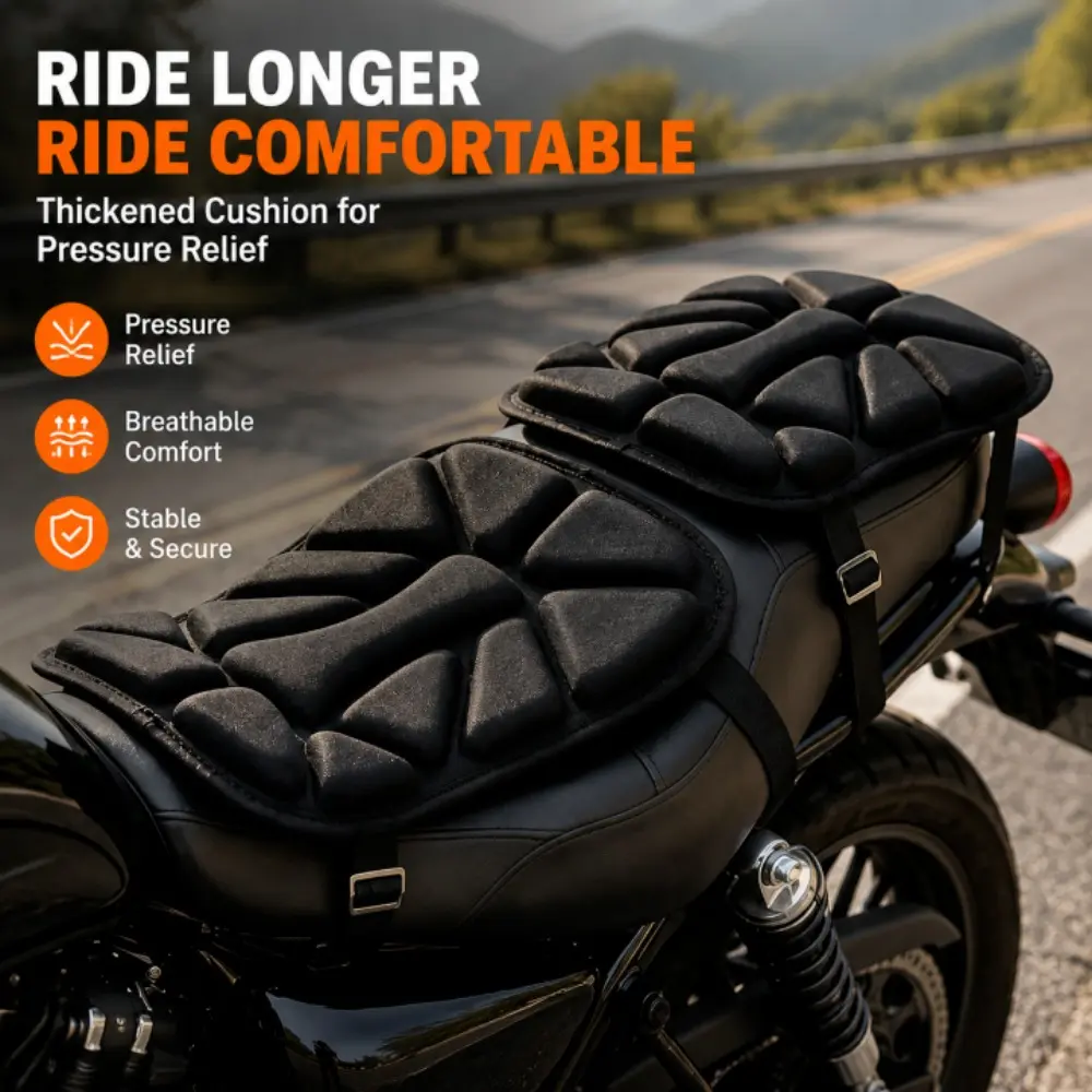 Motorcycle seat cushion relieves hip pressure during long rides with anti‑fatigue and shock‑absorbing performance. Compatible with cruisers, scooters and ATVs. It eases discomfort for long‑distance riding as a practical cycling accessory.
