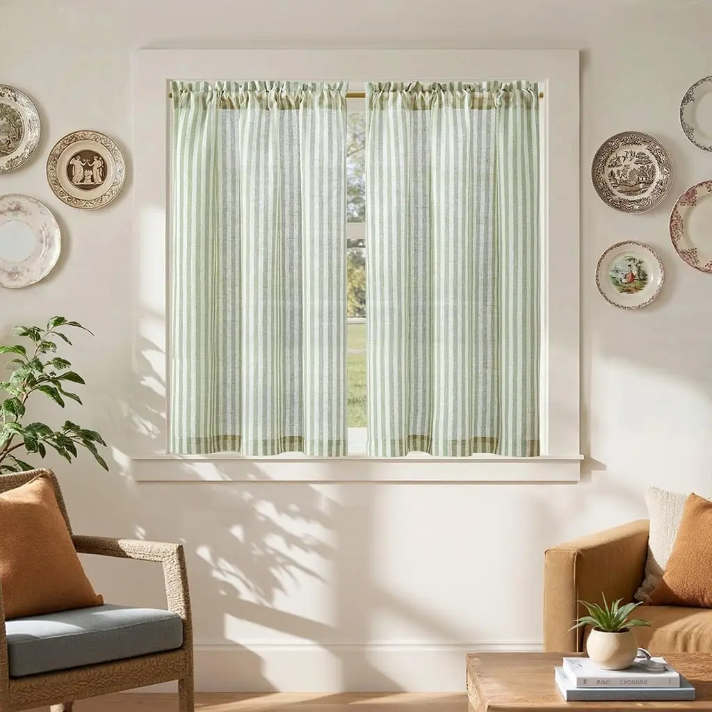 Striped Curtains 45 Inches Length Tier Curtains Farmhouse Cafe Style Small Window Treatments Airy Light Filtering Rod for Living Room 2 Panels Sage Green