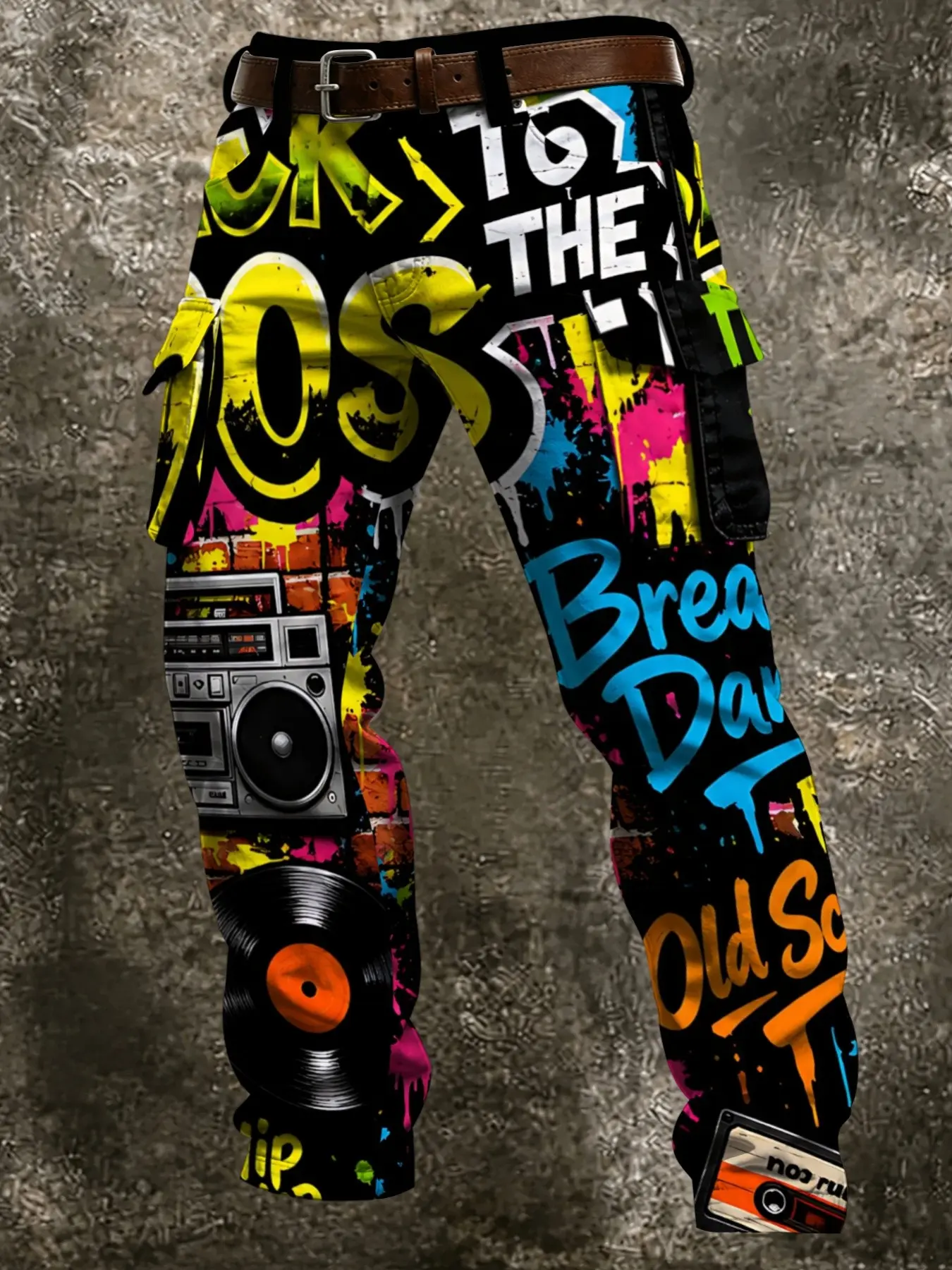 Men's Vintage Hip-Hop Work Pants, Base Multicolor Spray Paint Graffiti, Letter Print, Large Pockets, Slim Fit, Casual Style