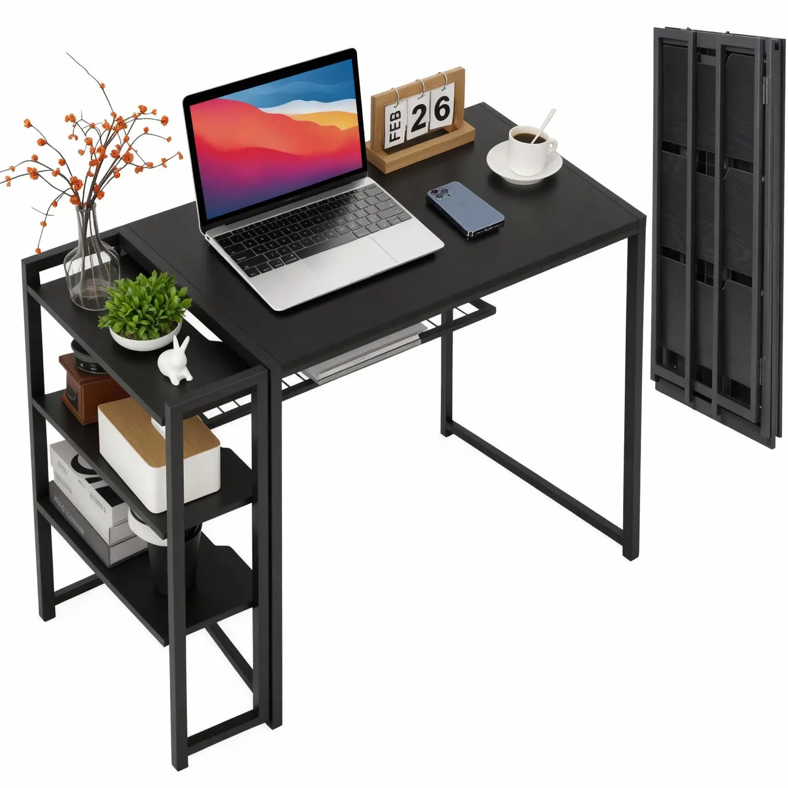 Black 35-Inch No-Assembly Folding Computer Desk with Storage Shelf, Metal Frame, Sturdy Legs - Desk Workstation for Home Office, Bedroom - Portable Collapsible Writing Table