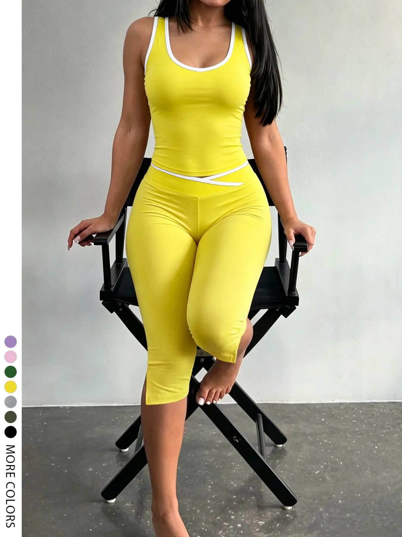 Lw Sherowear Y2K Women Multi Color Contrast Binding U Neck Ribbed Tank Crop Top, Cross Wrap High Waist Capri Pants Two Piece Outfit, Stretch Slim Bodycon Sport Loungewear Matching Set for Club Date Daily Commute Summer Outfit Bodycon Workout Set