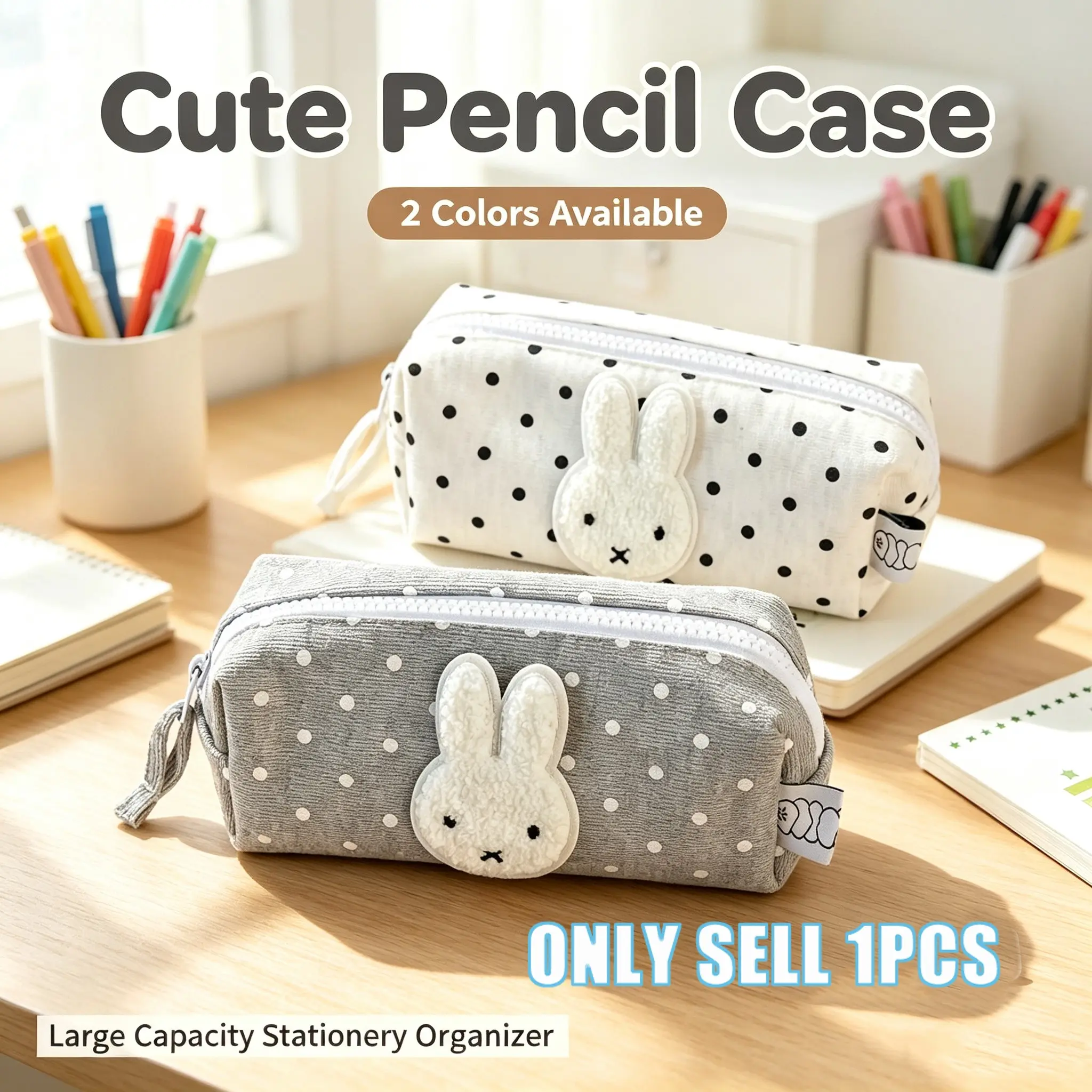 Large Capacity Miffy Bunny Pencil Case, Cute Polka Dot Canvas Pen Bag, Portable School Desk Stationery Organizer for Teen Girls