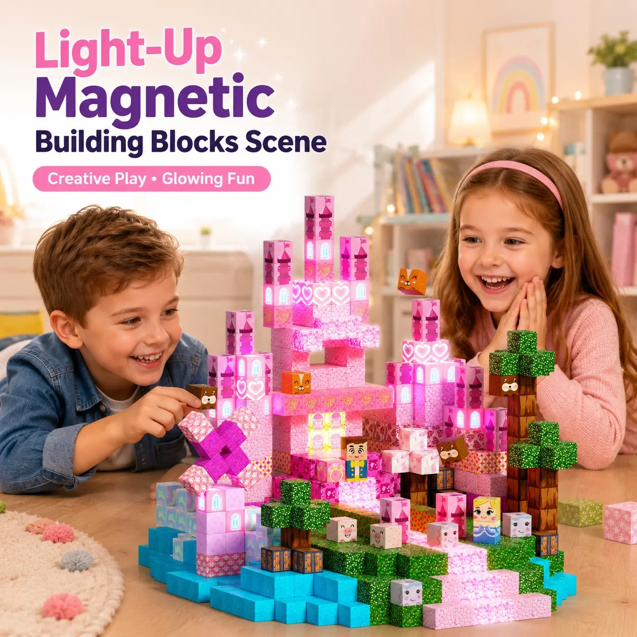 Princess Castle Magnetic Building Cubes Set, Glow-In-Dark Pixel Puzzle Toy, DIY Creative Building Kit, Kids Birthday Gift, Indoor Game