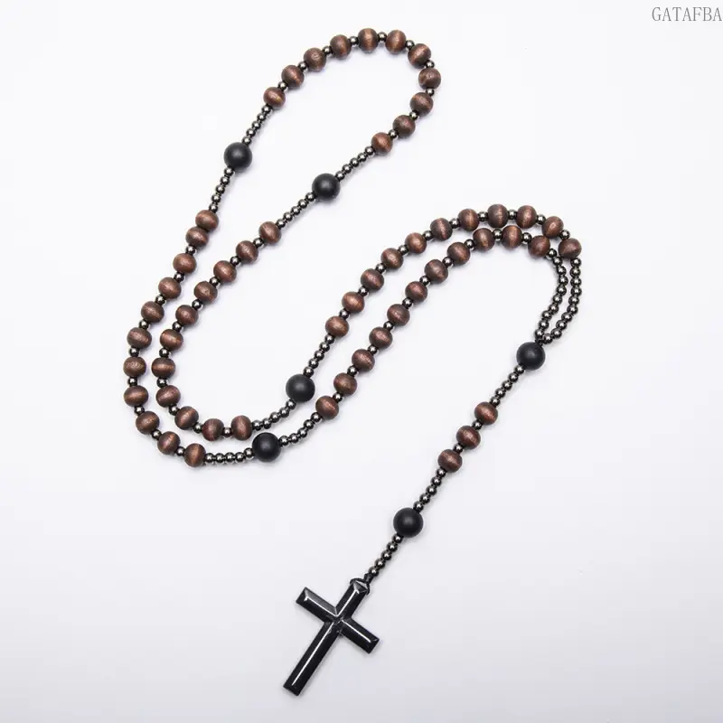 Women's Long Rosary Necklace - Female Religious Jewelry with Natural Wood, Hematite Beads, Black Gallstone Bead, Cross Pendant for Daily Worship, Church Gift Accessory
