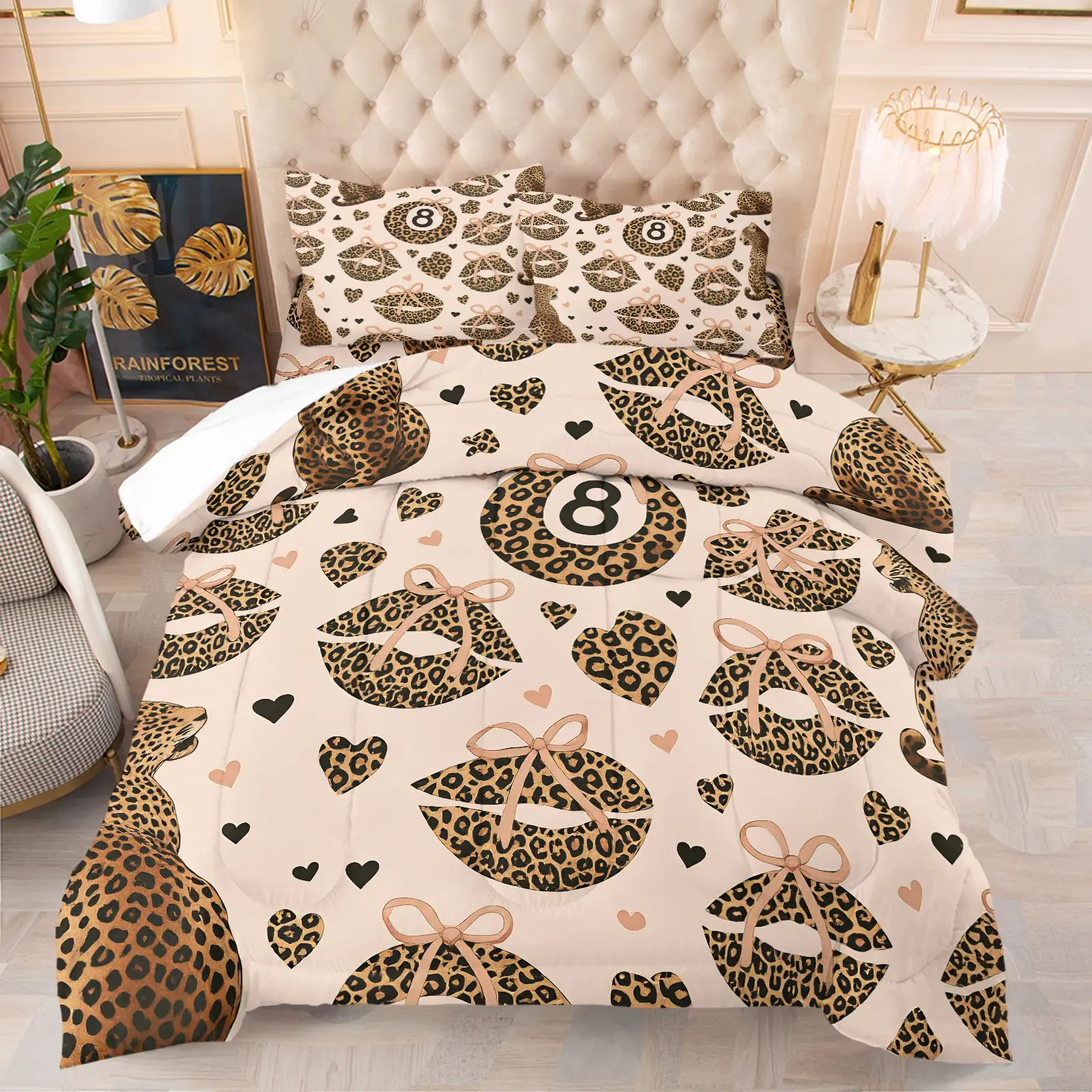 Coquette Leopard Bow Lips Lucky 8 Ball Print Comforter Set, Includes 1 Comforter and 1/2 Pillowcases, Y2K Cheetah Heart Wild Cat Pattern Print, Gift for Kids, Teens and Adults, Glam Fashion Gift for Leopard Print Fans