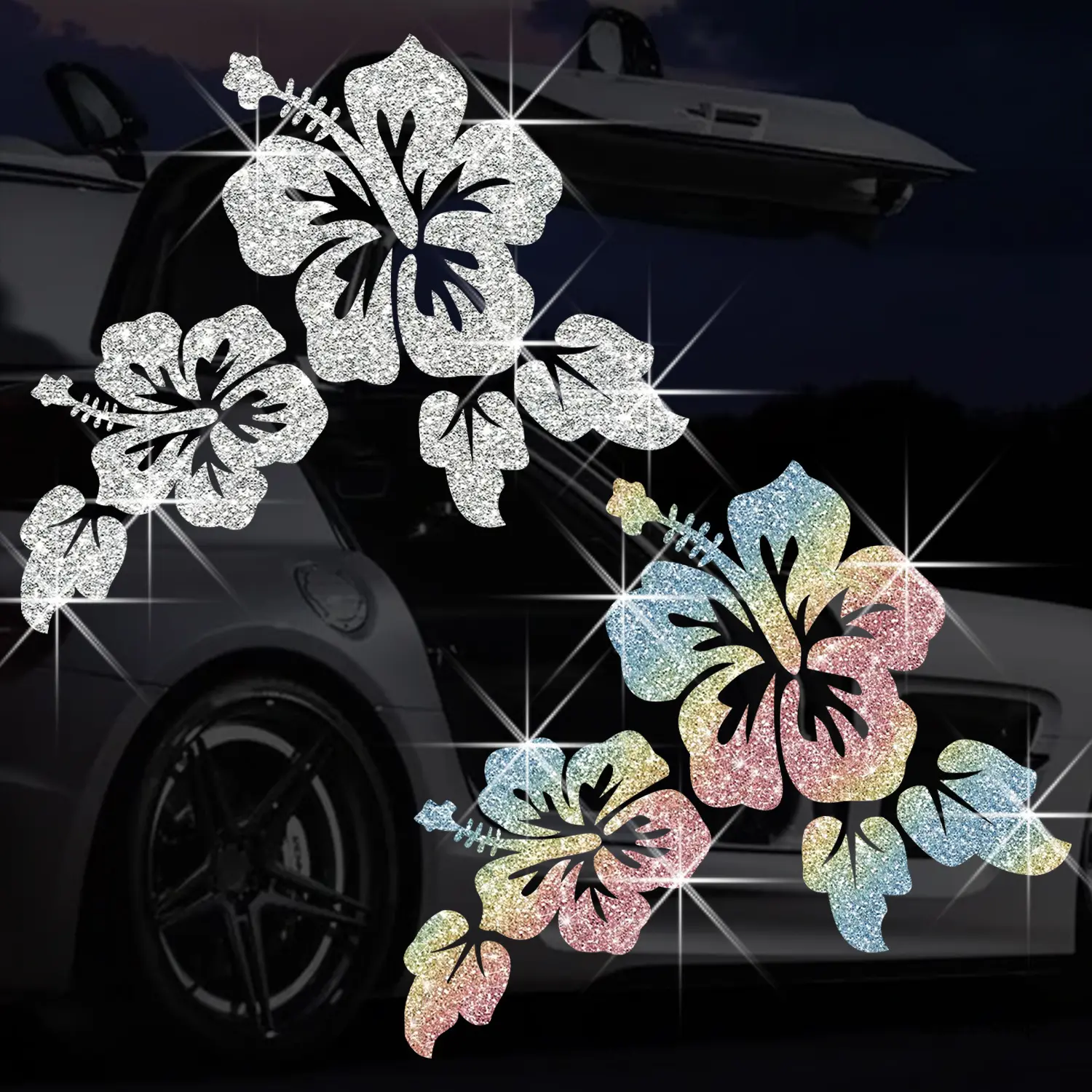 Rainbow Hibiscus Glitter Car Stickers - Waterproof Self-Adhesive Tropical Vinyl Decals, Cars Accessories for Auto Window, Body, Laptop, Hawaiian Gift Set