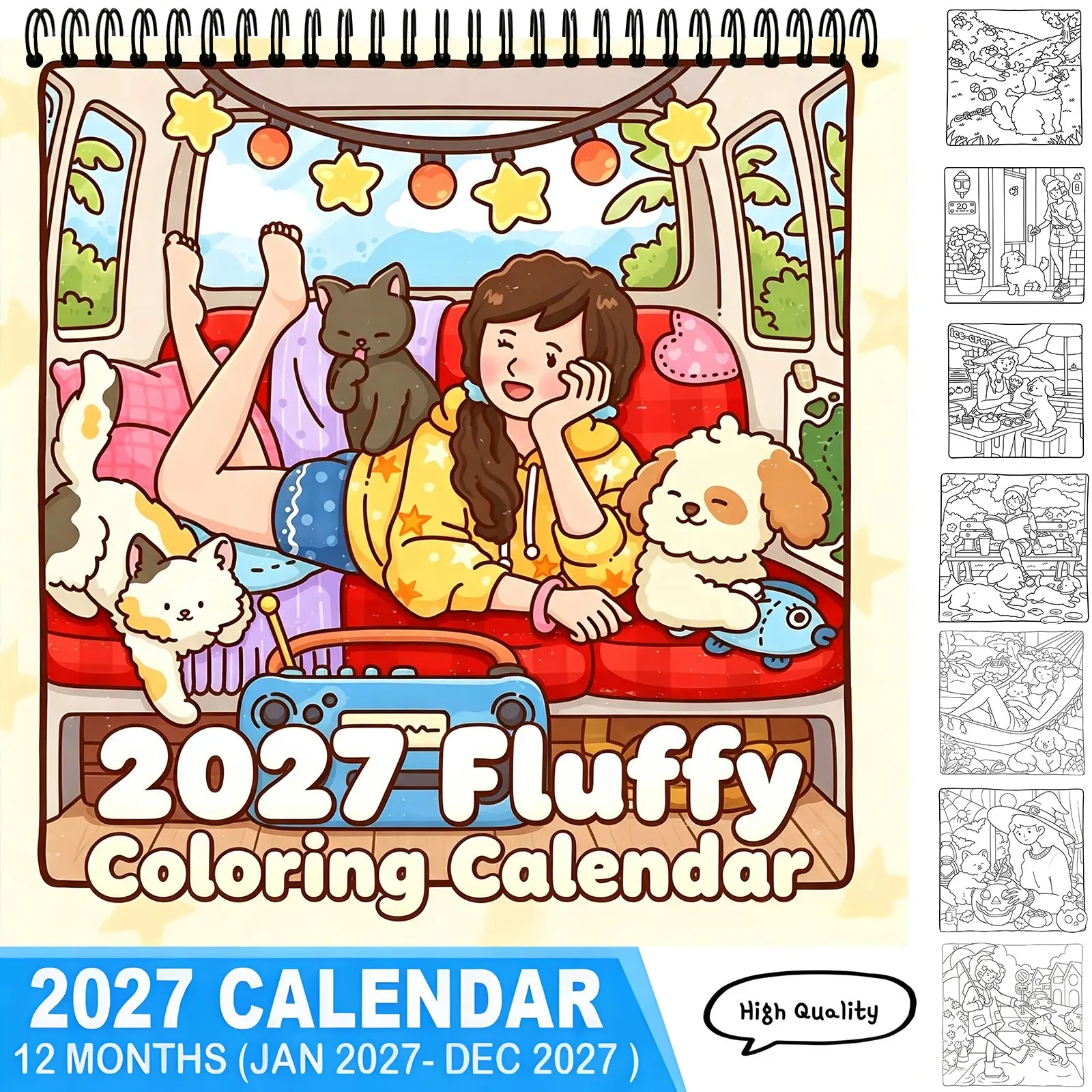2027 Fluffy Pet Coloring Calendar 12 Months Jan-Dec Spiral Binding High Quality Cute Cat Dog Road Trip Themed Coloring Planner Stress Relief Cozy Home Decor Holiday Gift For Animal Lovers,TikTokMadeMeBuyIt,coloring calendar,new year calendar