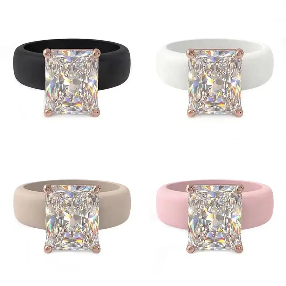 Silicone Engagement Ring for Women with a Large Rectangle CZ Stone, Multi-Size Hypoallergenic Wedding Band in a Rose Gold Prong Setting, Comfortable Sport Jewelry, Engagement Rings, Female