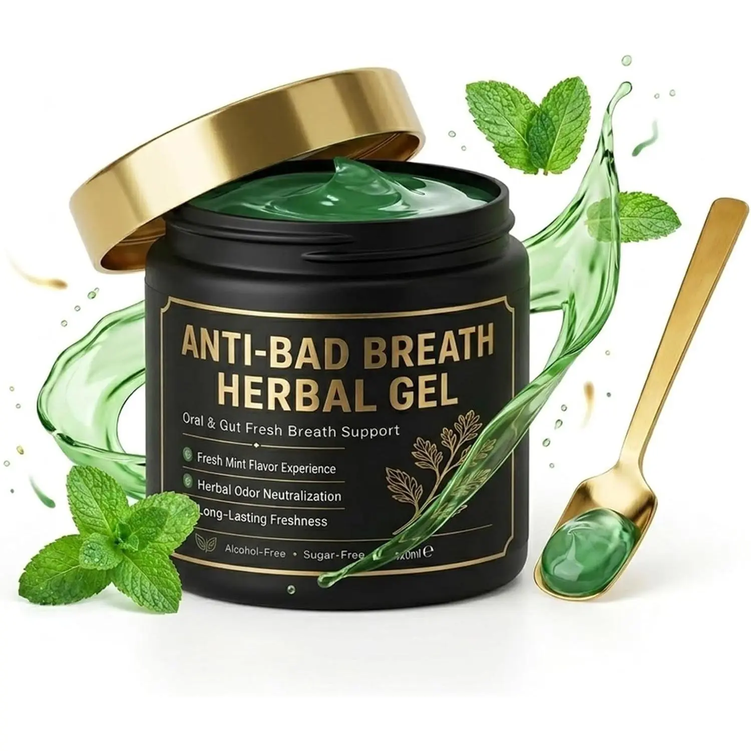Herbal Gel for Bad Breath Treatment, Oral Care Internal Deodorant for Adults with Parsley, Green Tea & Chlorophyllin, Mint Flavor, 150g, Natural, Cleansing, Freshens Breath, Oral & Gut Fresh Breath Support, Unscented