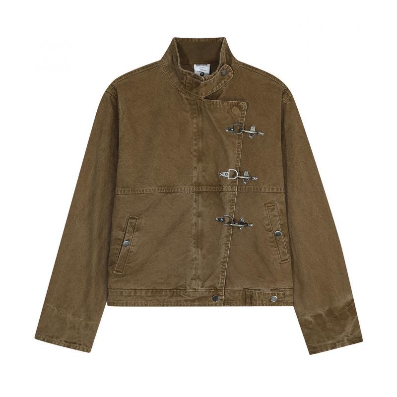 (2026 Fashion Trends) Metal Button Boxy Jacket Black Long Sleeve Stand Collar Slant Placket Unisex Fashion Street Jacket windbreaker