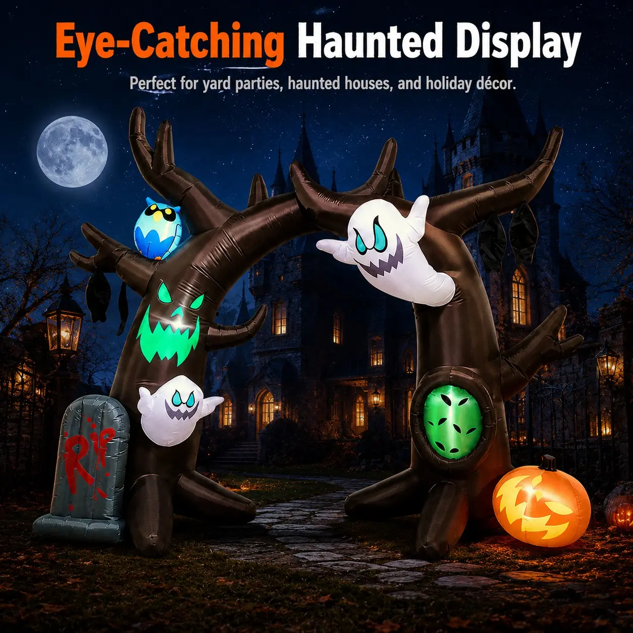 Halloween 2.4m Inflatable Ghost Tree Arch, 8ft Giant Phantom Owl Pumpkin Tombstone, LED Light, Waterproof, Party Decor, Outdoor Yard Decoration