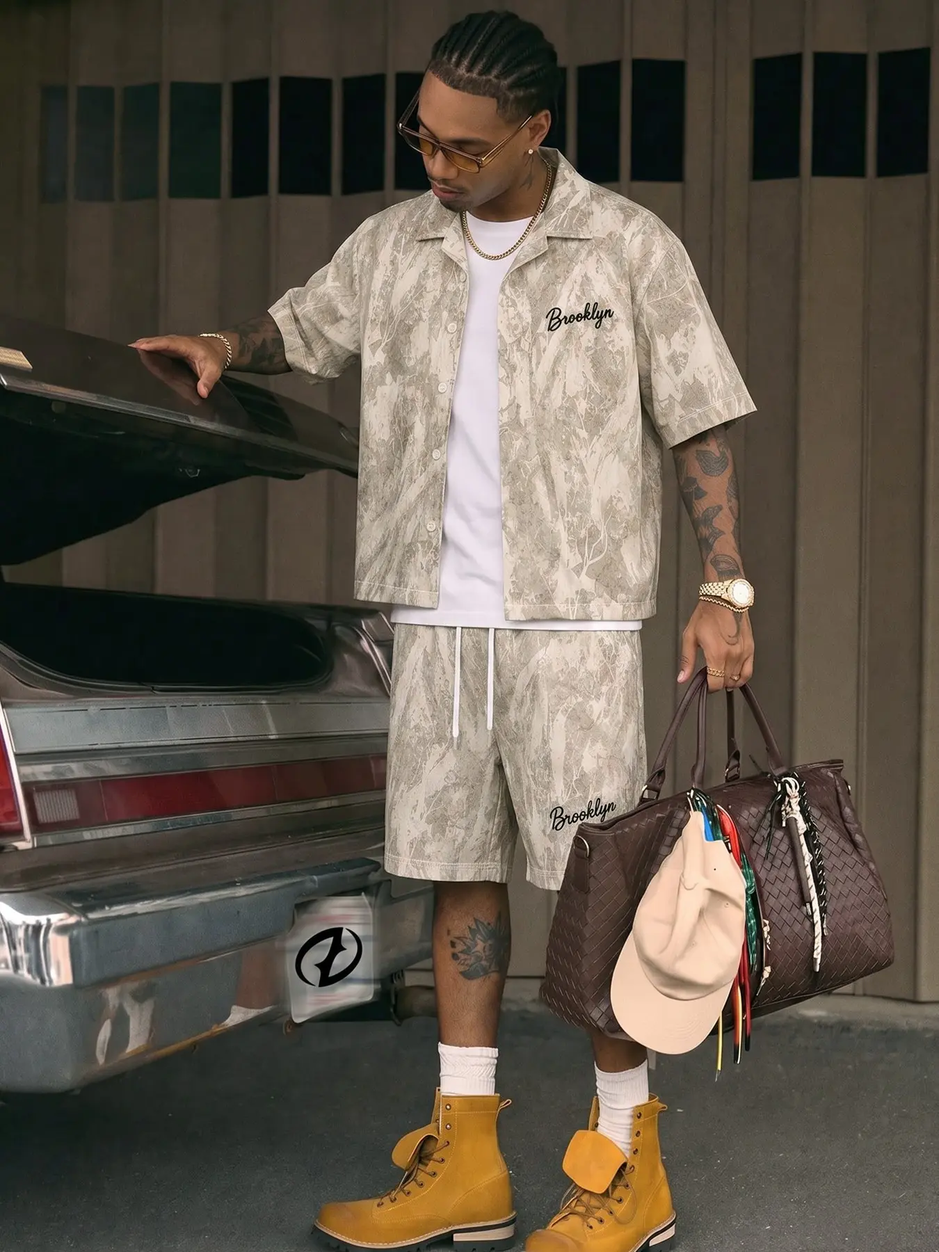 Men Vintage Gray Marble Swirl Print Two Piece Matching Set Oversized Short Sleeve Cuban Collar Shirt Drawstring Waist Shorts Brooklyn Embroidery West Coast Chicano Streetwear Casual Summer Couple Tracksuit #TwoPieceSet #ChicanoStyle #MensMatchingSuit