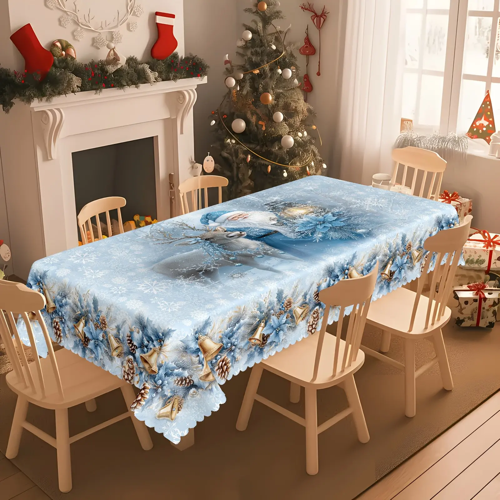 Christmas ice blue Santa and deer pattern printed lace tablecloth, waterproof and stain-resistant reusable square tablecloth, suitable for decoration in living rooms, dining rooms, hotels and Christmas parties