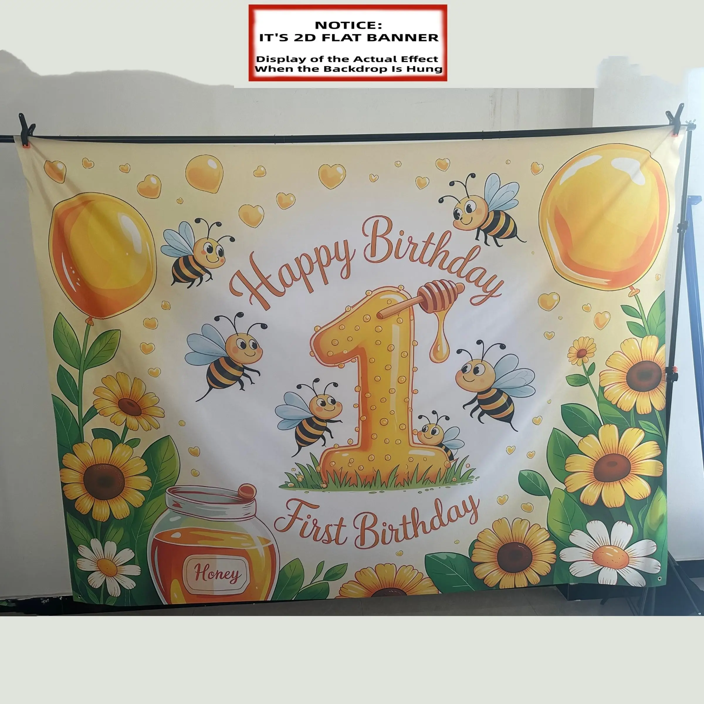 2D flat, 1st birthday bee-themed party banner, featuring a honeycomb number 1, bee and balloon design, wall decoration, photo background, honey silhouette, easy-to-hang polyester Birthday Party Decorations, First birthday