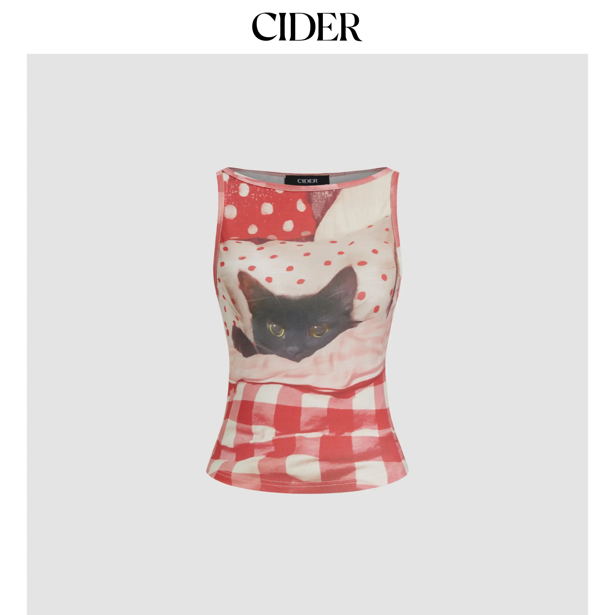 Cider [size 0-10] Cotton-blend Cat Graphic Gingham Ruched Tank Top