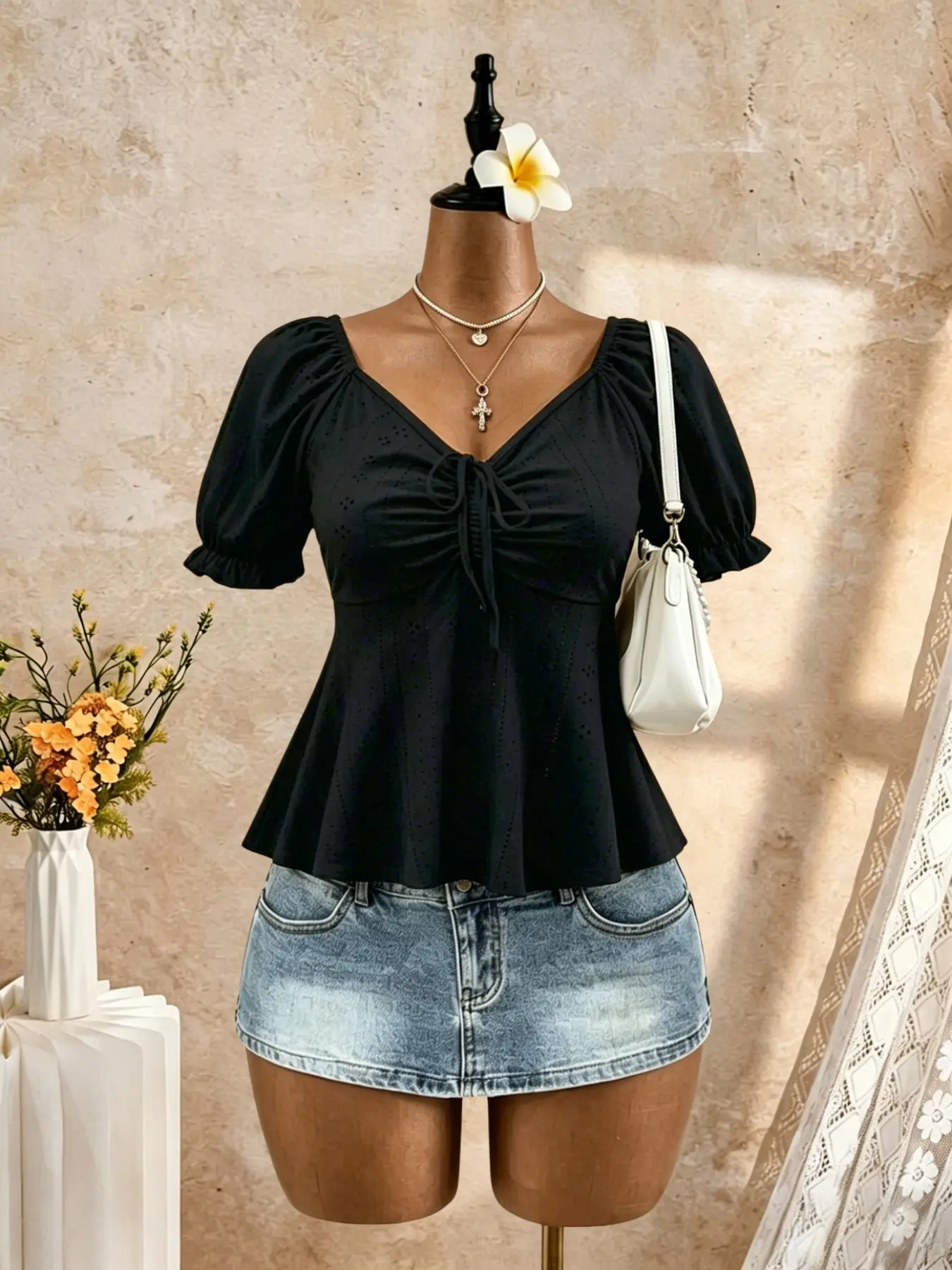 Women's Hollow Out Embroidered Top, Puff Short Sleeve V Neck, Adjustable Drawstring Pleated Front, Flared Hem, Slim Fit Short Tee, Casual Vacation Shirt
