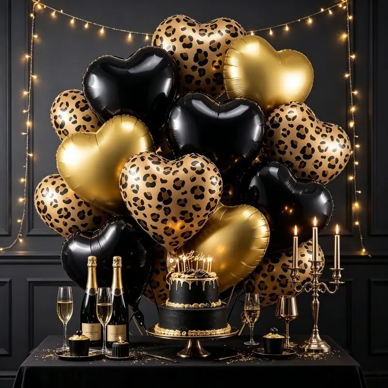 9pcs Gold Leopard Print Heart Aluminum Balloon Set, Reusable Thick Material, Perfect for Valentine's Day, Birthday Parties, Weddings