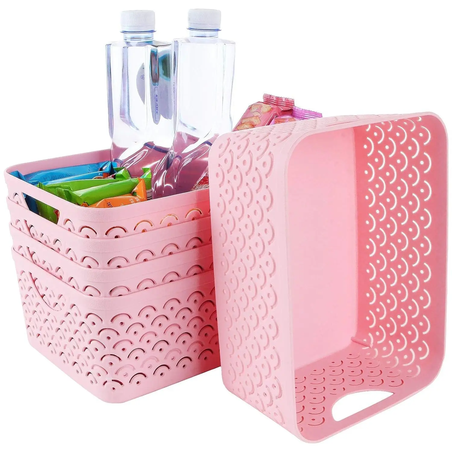 5 Pack Plastic Storage Baskets, Portable Pink Fish Scale Pattern Hollow Desktop Storage Bin Box with Handle for Kitchen, Bathroom, Kids Room or Nursery Storage – 9.4 x 7.1 x 4.1 inchesGift.