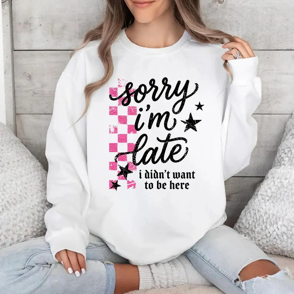 Women's Polyester-Cotton Fleece Graphic Hooded Pullover Sweatshirt - Soft, Long-Sleeve, Loose Fit, Round Neck, Blush Pink Checkered Star, "Sorry I'm Late" Sarcastic Print, Retro Everyday Casual