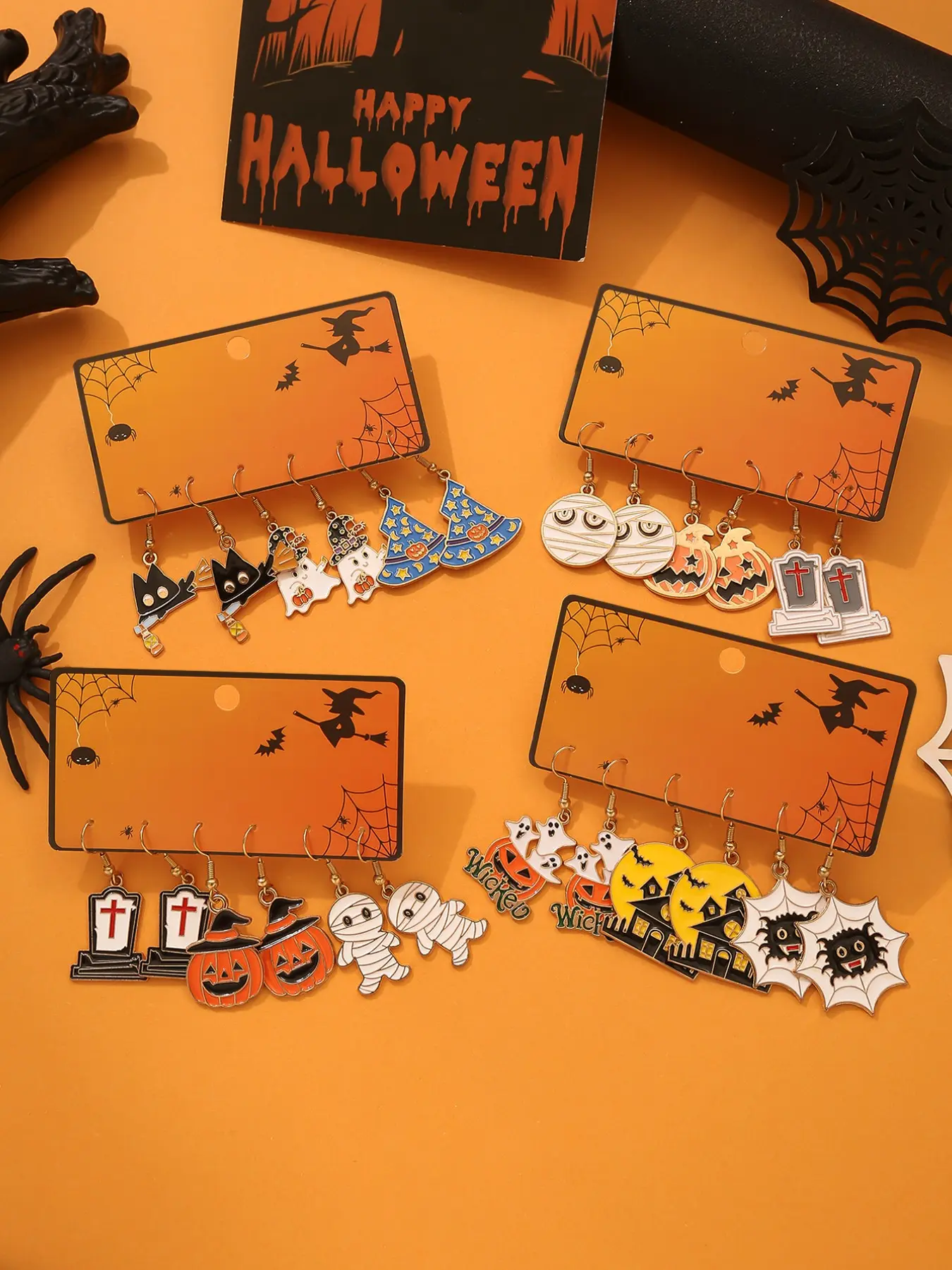 24pcs Halloween Enamel Dangerous Earrings Set, Ghost Pumpkin Mummy Witch Hat Tombstone Curse, Low Allergy Women's Witchy Jewelry, Perfect Gift