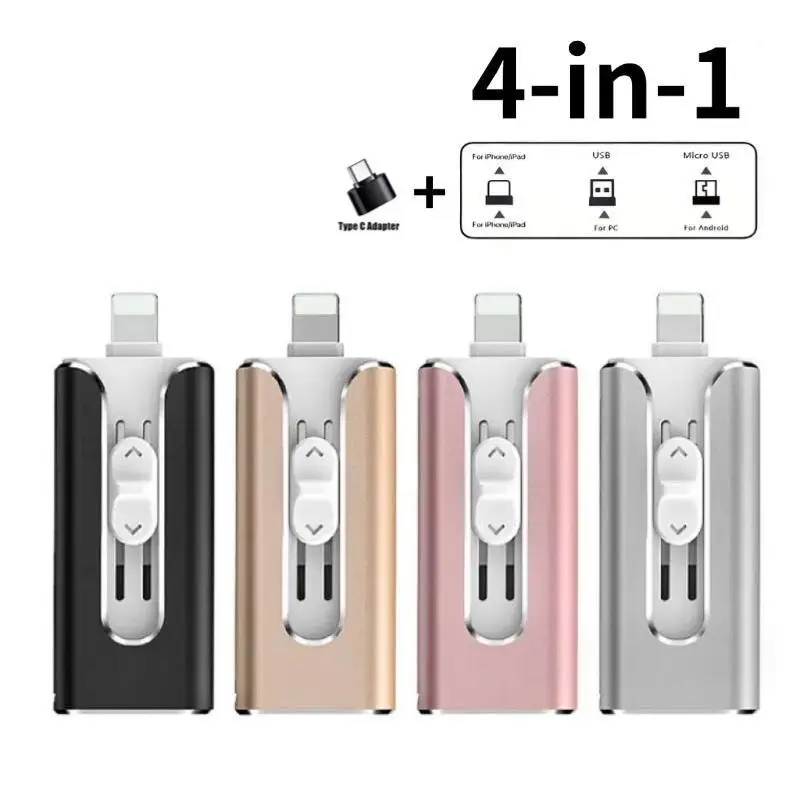 4-in-1 USB 3.0 External Flash Drive for iPhone & Type-C & Android & Computer, Easy Backup and File Transfer, iPhone Photo Stick Thumb Drive Pen Drive Memory Stick, Plug and Play with App, 64GB 128GB 256GB 512GB 1TB, Flash Drive for Android Phones