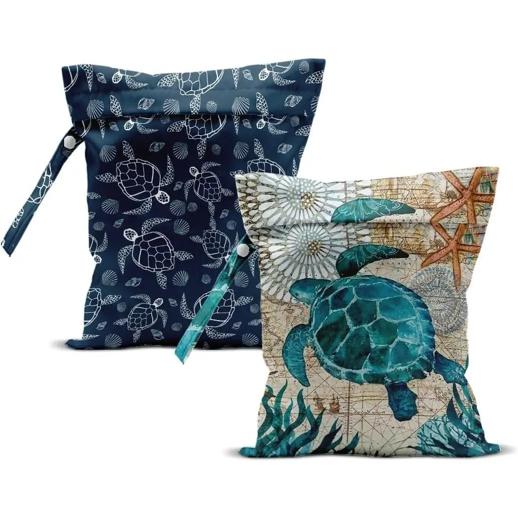 2Pcs Turtle Wet Bag 12x10 Inch, Starfish Waterproof Reusable Wet Dry Bags, Sea Weed Washable Travel Laundry Bags for Swimsuit Beach Diapers Dirty Yoga Gym Clothes, Sea Turtle Gifts for Women FriendGift