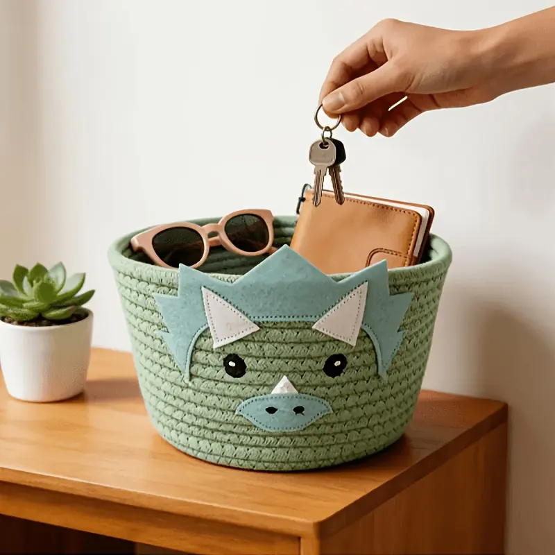 [AURA &ISLE] Classic Cute Dinosaur Woven Storage Basket - Green Rope Soft Fabric Organizer with Dinosaur Face,easter baskets， Mint Green Scales, Sturdy Wicker-Like Build, Ideal for Toy & Book Storage, Home Decoration Shelf Basket