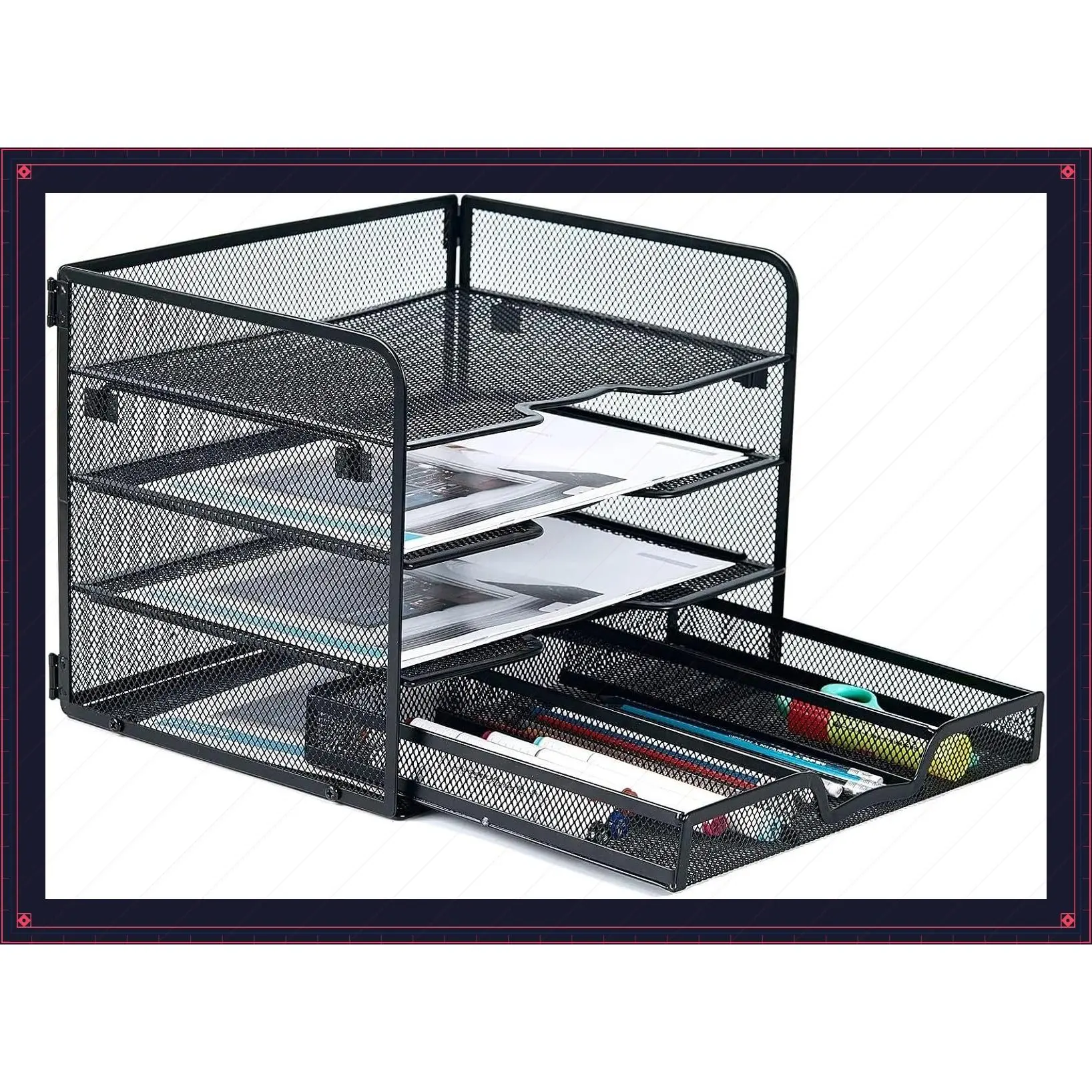 4-Tier Metal Desk Organizer with 2 Sliding Trays & Drawer, Black - Paper Letter Tray, Desktop File Organizer and Storage for Office, Classroom, HomeGift
