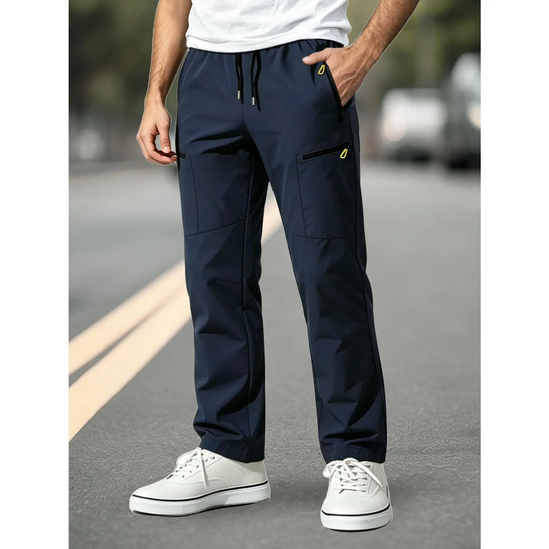 Men's Lightweight Straight-Leg Trouser - Boyfriend-Style Menswear with Drawstring Waist, Zipper Pockets, Solid Color, Breathable Comfort for Outdoor Athletic Sportswear, Casual Wear, Personalized Fit, Plain