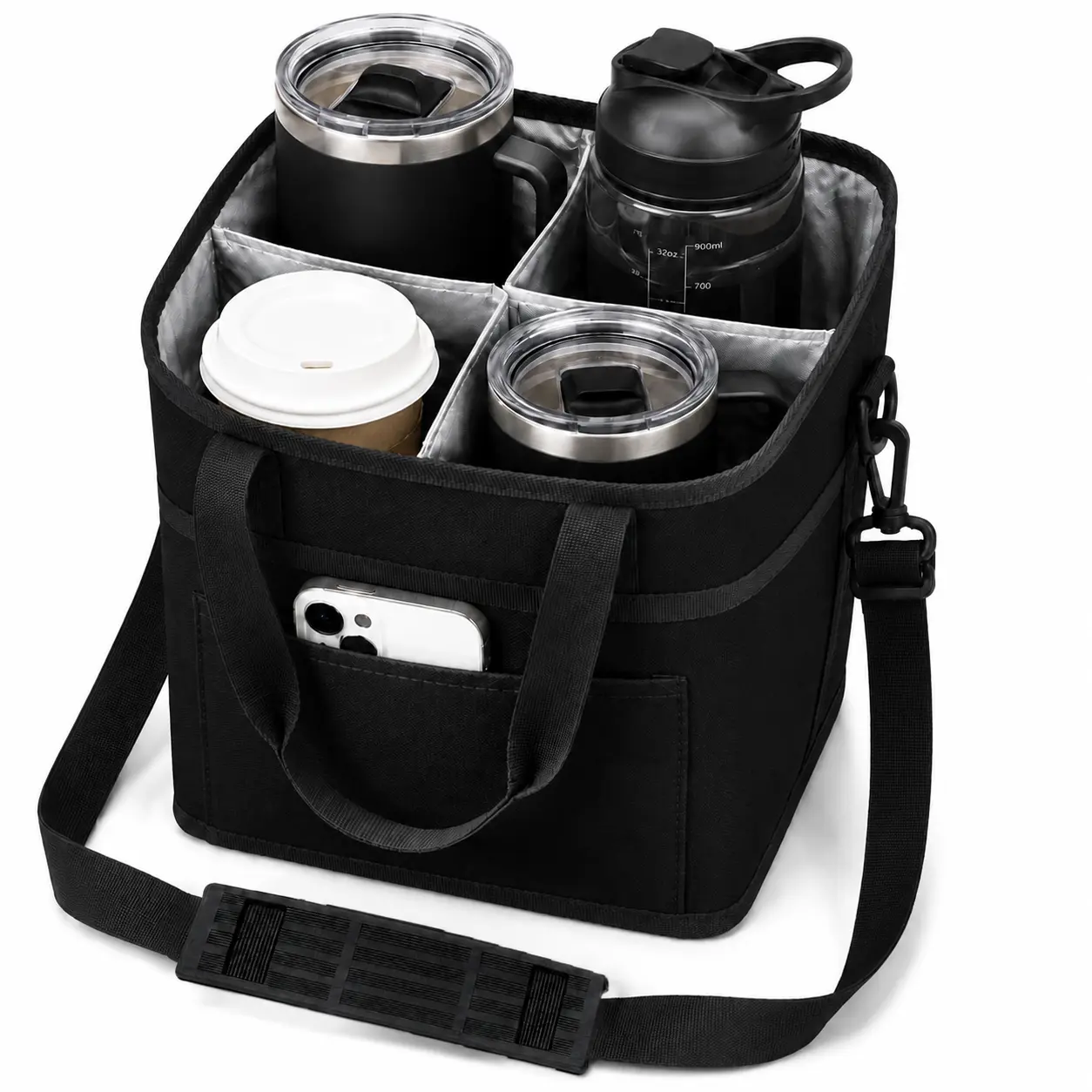 Portable Reusable Insulated Collapsible Drink Carrier Tote - 4-Cup Organizer Bag for Coffee Cups, Mugs, Bottles, Tumblers with Adjustable Strap for Car, Family Outings (Sports & Outdoor Picnicware Bulk), Mug, Beverage, Practical, Divided Compartment, Comp