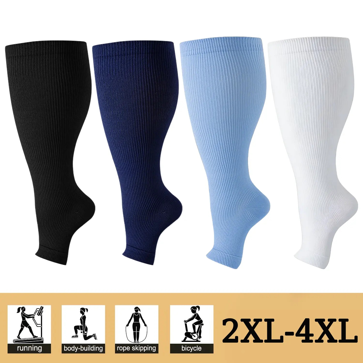 2Pairs Plus Size Toeless Compression Socks Men Women 15-20mmHg Wide Calf Knee High Graduated Compression Edema Varicose Veins Relief Circulation Boost Sports ankle comfortable outdoor