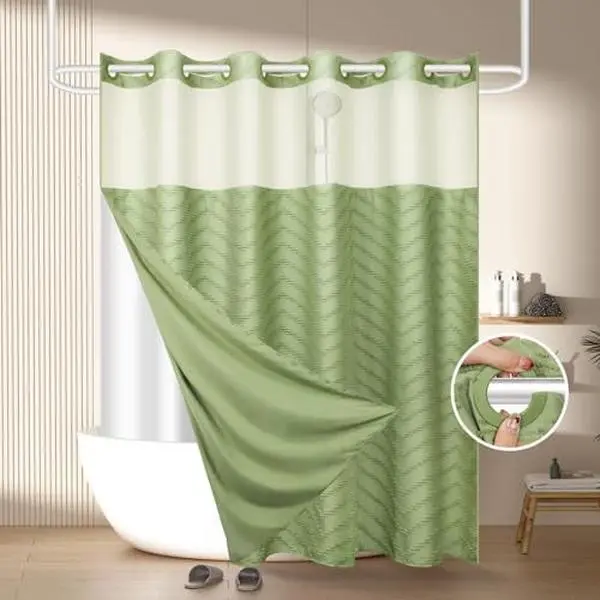 72×81 Inch Double-Sided Hook Shower Curtain Waterproof Polyester Snap-In Shower Curtain No Rod Removal Machine Washable Bathroom Curtain