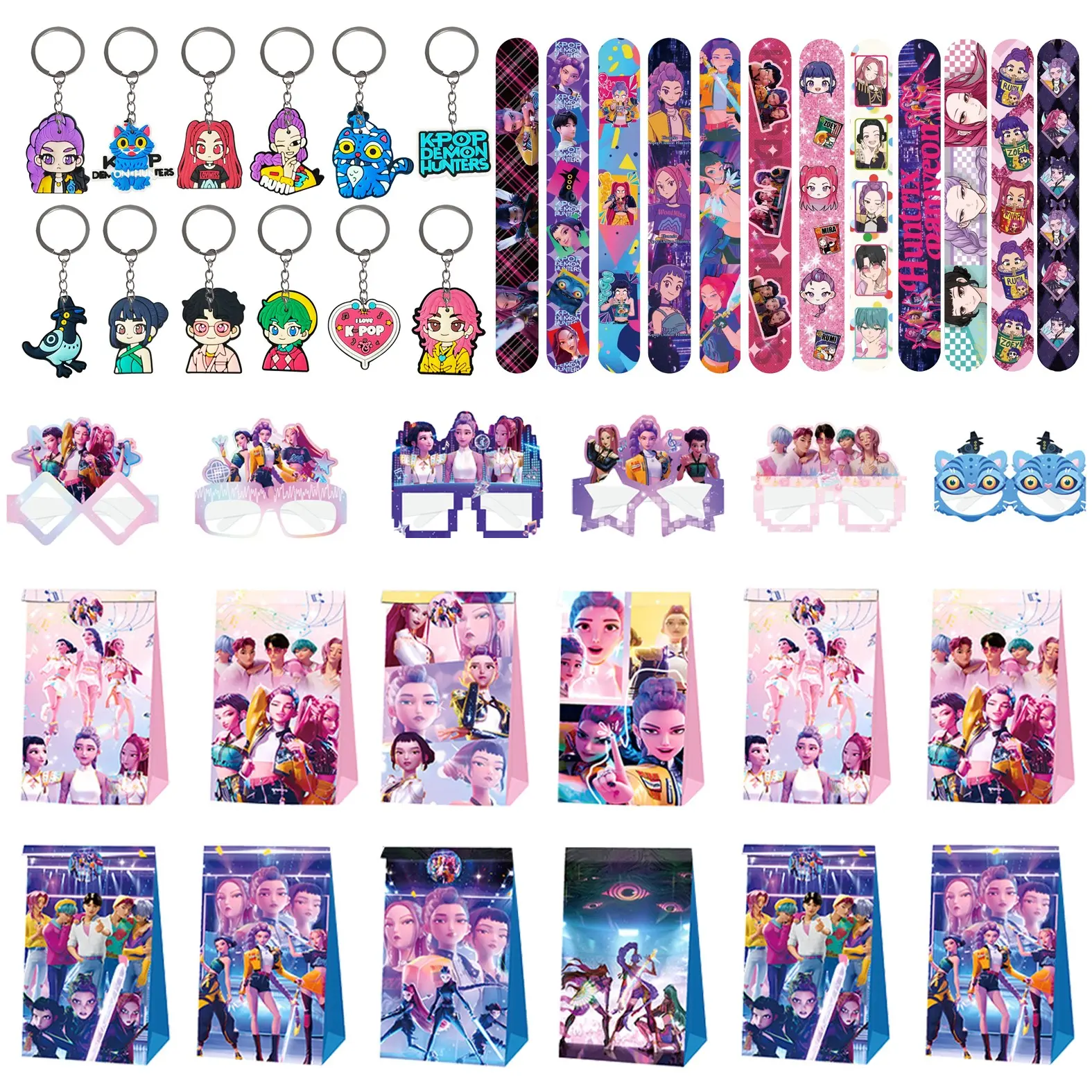 Korean Cartoon Girl Group Birthday Party Gift Set, 4 Pieces Including Keychains, Bracelets, Bags, Decorative Glasses, Memorable Party Souvenirs
