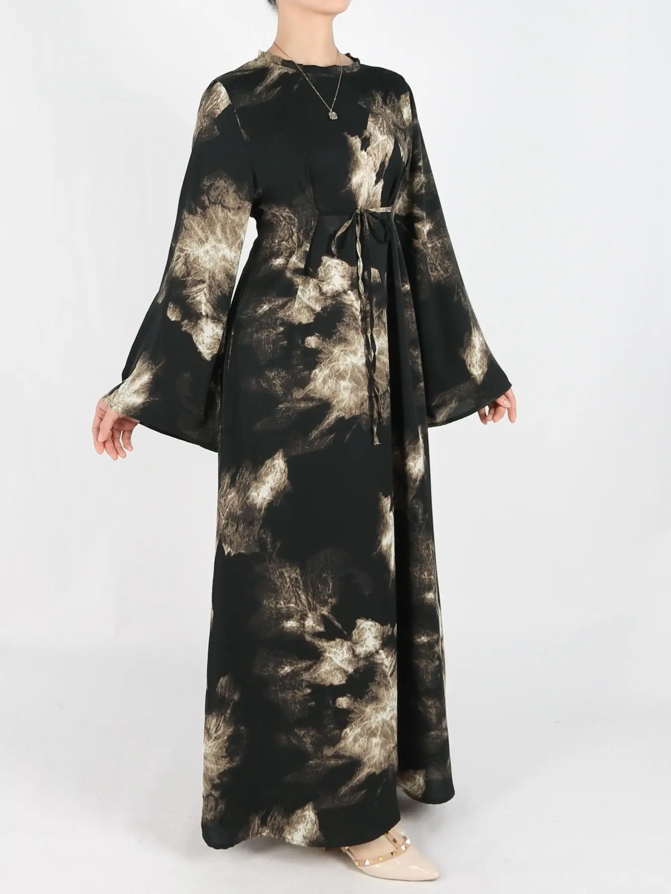 Women's Tie Side Zipper Back Dress, Elegant Long Sleeve Muslim Dresses Abaya Dress for Daily Wear, Ladies Islamic Clothing for All Seasons