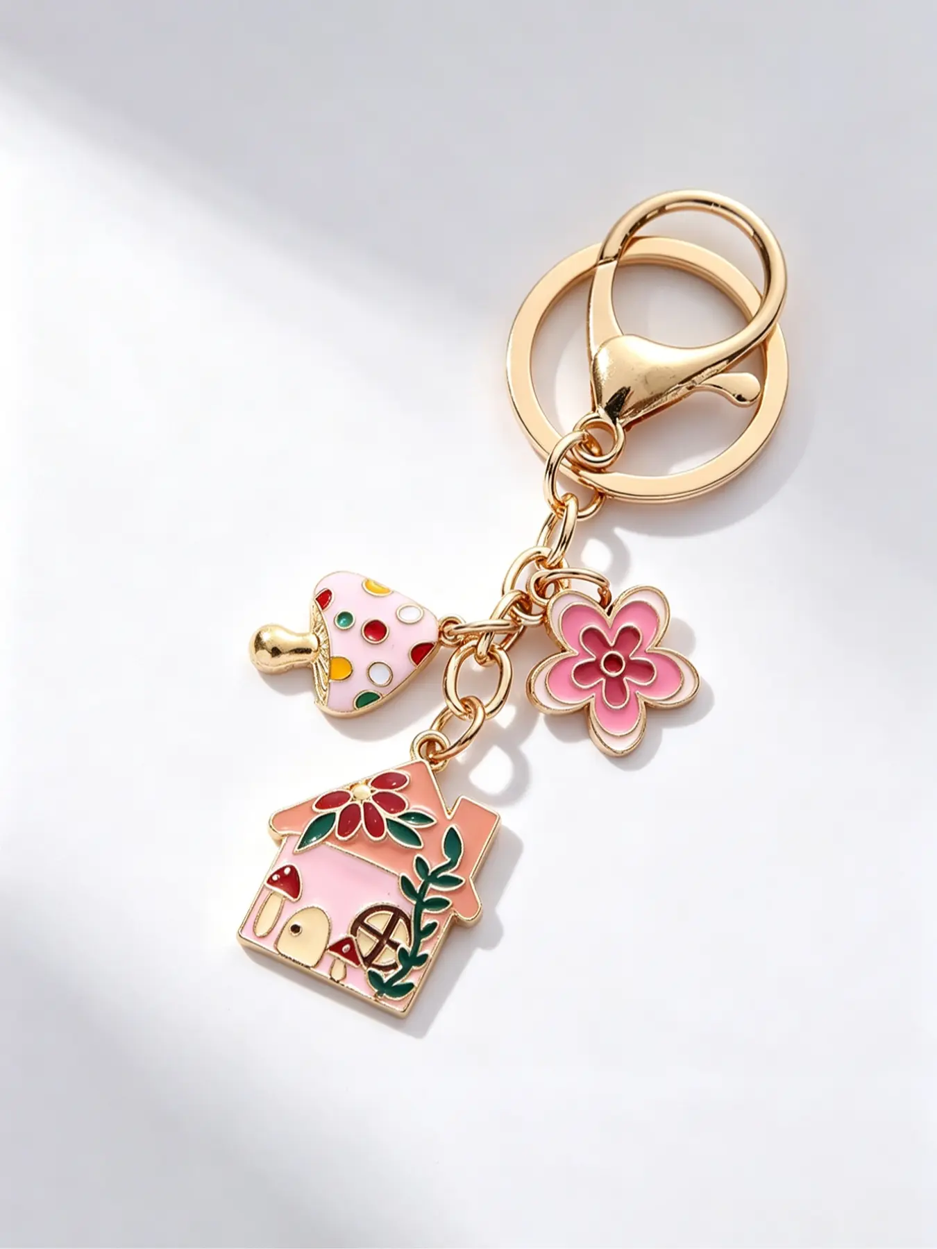 Cute Mushroom House Keychain, Boho Style, Alloy Enamel Pendant, Lobster Clasp, Car Decor, Handbag Accessory, Gift for Girls and Women