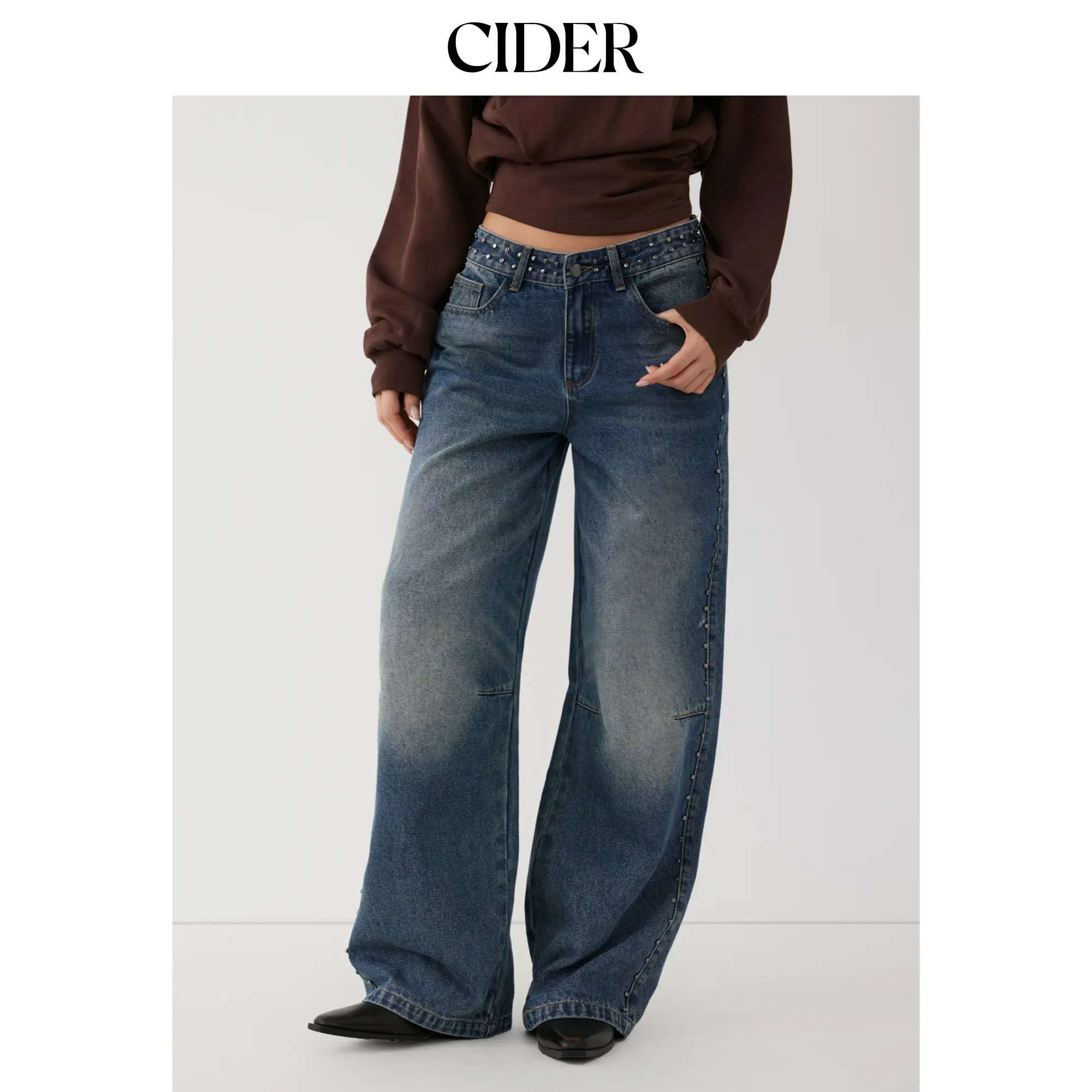 Cider Washed Denim Low Rise Studded Straight Leg Jeans