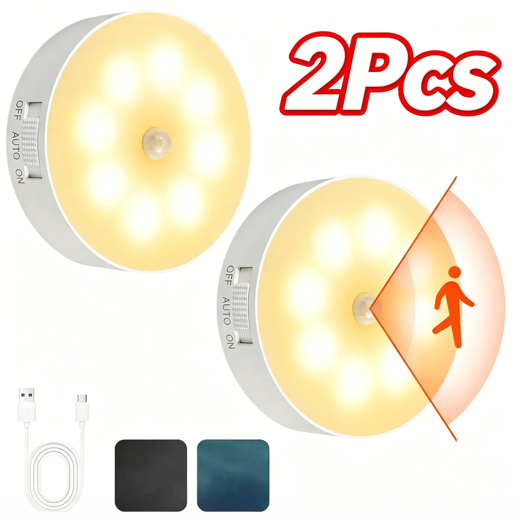 2pcs Motion Sensor Night Light, Ambient Night Lights, USB Rechargeable Portable Wall Sconce, Under Cabinet Lighting, Magnetic Mounting, Stair Lights Indoor, Warm White LED Light, Night Light for Hallway, Stairway, Bedroom, Kitchen