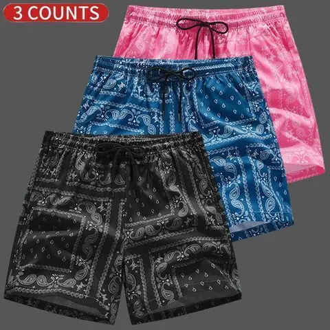 Men's 3-Pack Paisley Drawstring Shorts - Polyester Clothes, Fitted Cut, Elastic Waistband, Pocketed, Breathable, Casual Sports Style for Summer Everyday Wear, Spring Essential