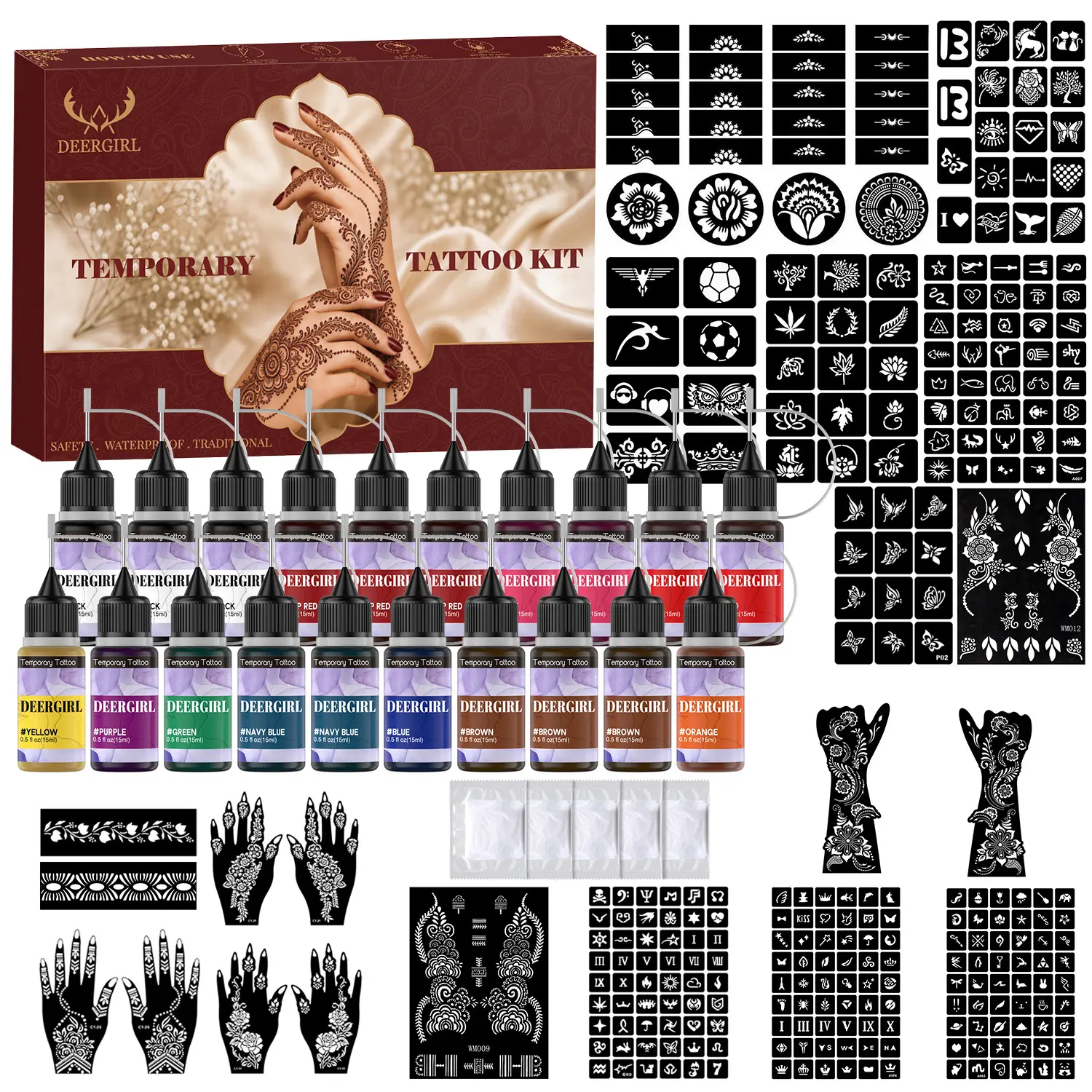 Premium Natural Aesthetic Henna Temporary Tattoo Kit with 18 Color Tattoo Ink & Rich Henna Stencils, Complete DIY Mehndi Body Art Tattoo Set, Waterproof Temporary Tattoo Supplies Gift for Festival Wedding Beach Party