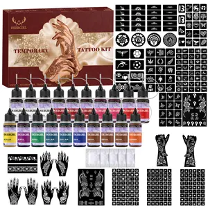 Premium Natural Henna Temporary Tattoo Kit with 18 Color Tattoo Ink & Rich Henna Stencils, Complete DIY Mehndi Body Art Tattoo Set, Waterproof Temporary Tattoo Supplies Gift for Festival Wedding Beach Party