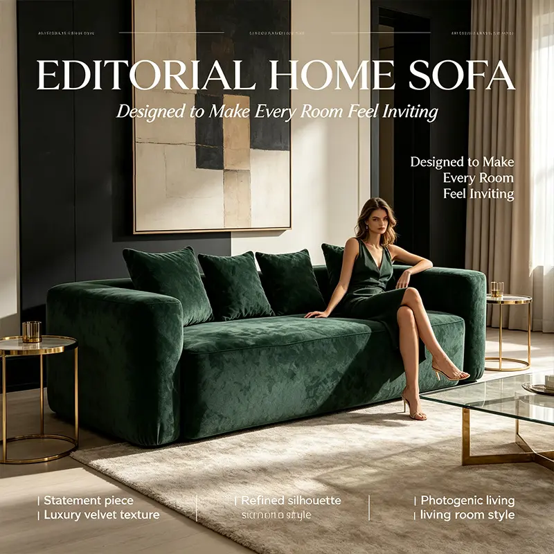 Frameless Dark Green Velvet-Suede Square Sofa - 3-4 Person Seating, Fixed Arms, Mod Design, Cloud-Shaped Compressed Cushions, Modern Indoor Living Room Furniture