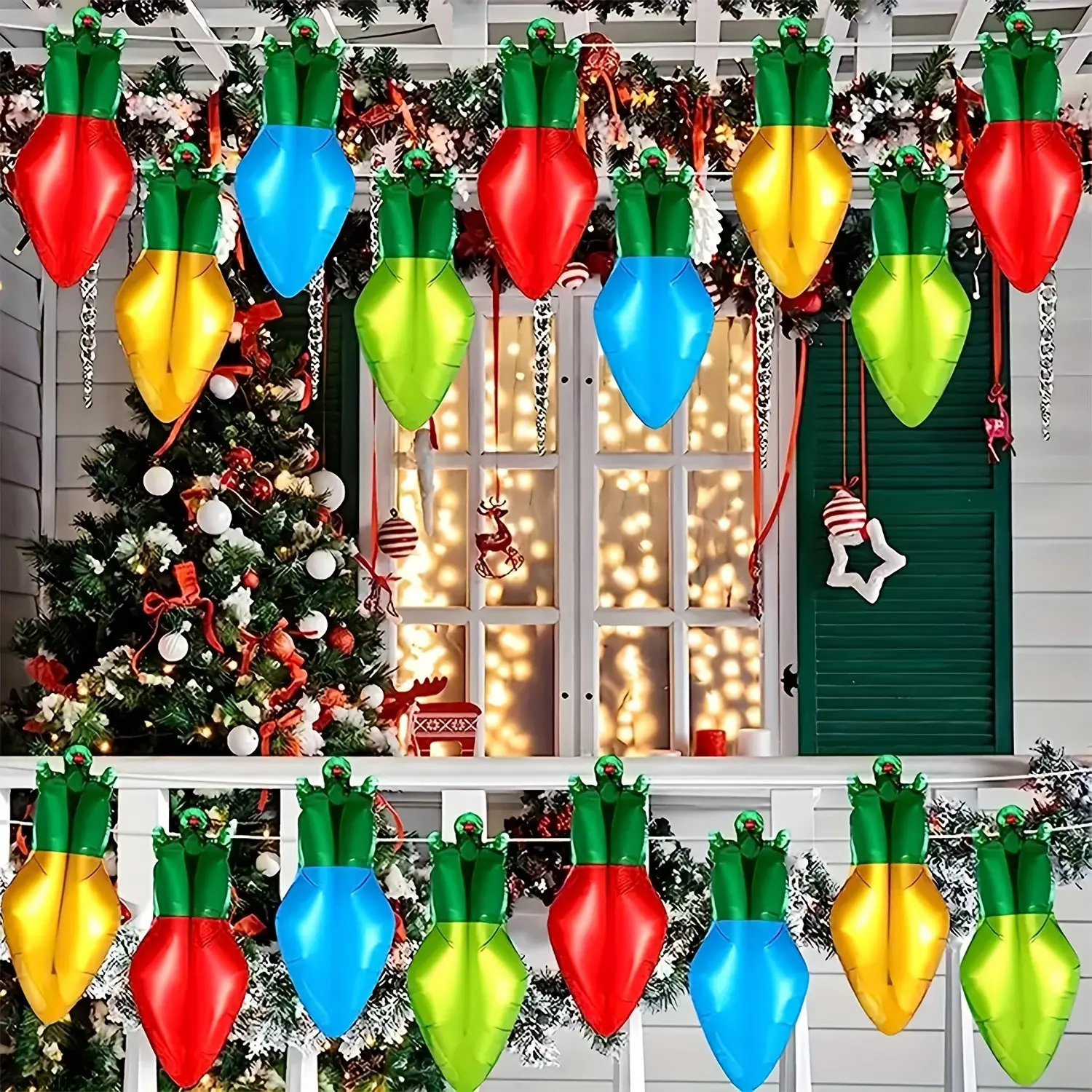 A set of 60 bulb-shaped balloons in red, blue, green and yellow, each measuring 19.69 inches, is perfect for decorating your yard during the Christmas season