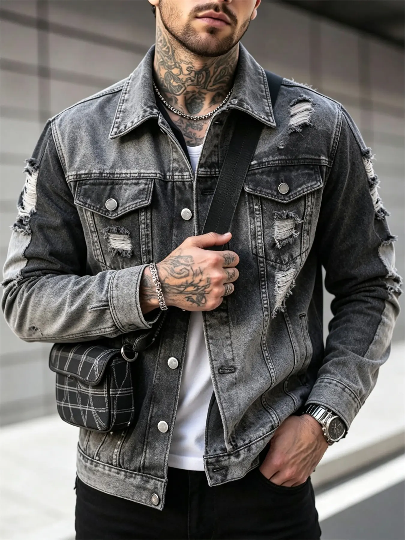 A men's casual denim jacket featuring soft, high-quality fabric and a classic cut. Its distressed, washed finish adds a distinctive touch, making it perfect for everyday wear and casual outings.
